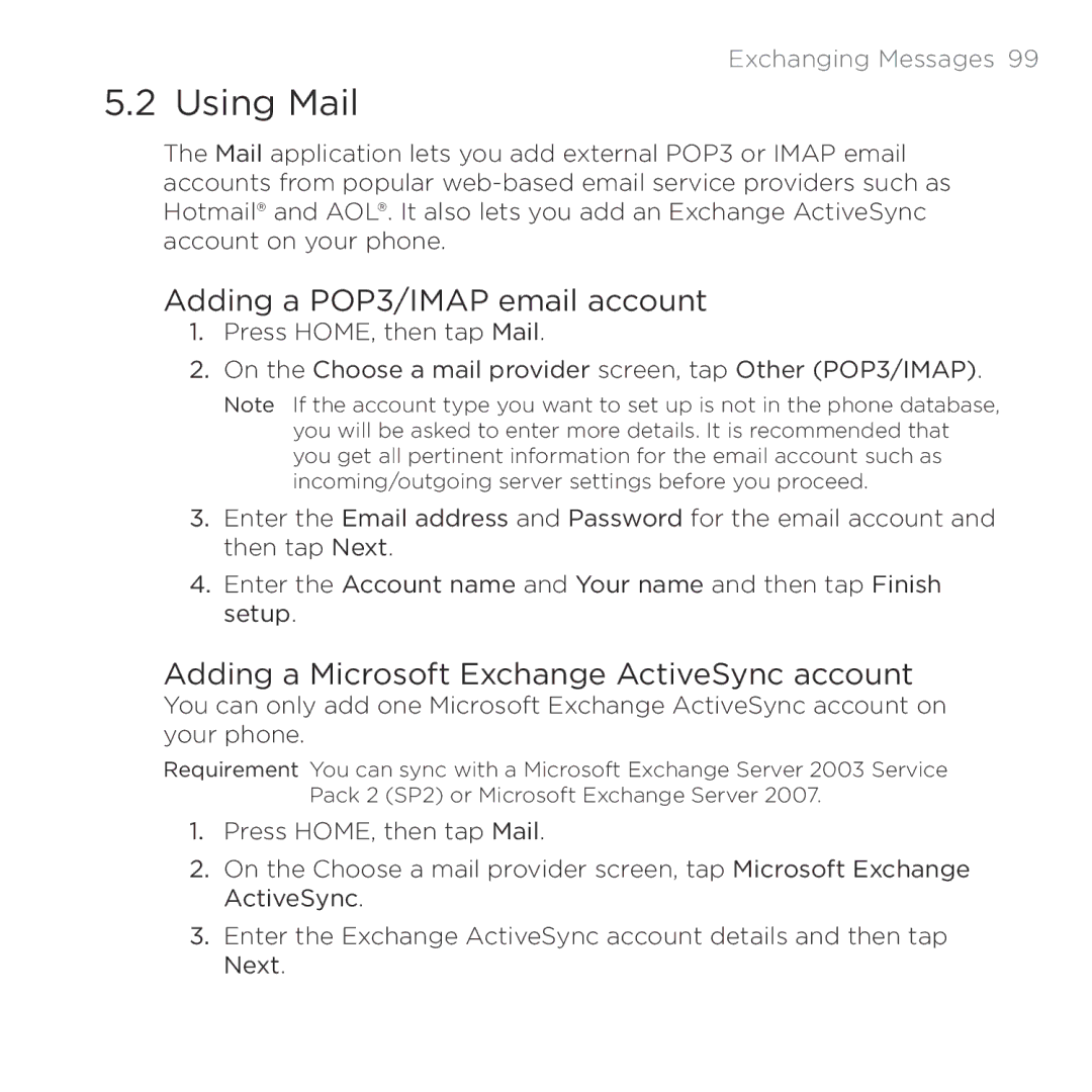 HTC PB00100 user manual Using Mail, Adding a POP3/IMAP email account, Adding a Microsoft Exchange ActiveSync account 