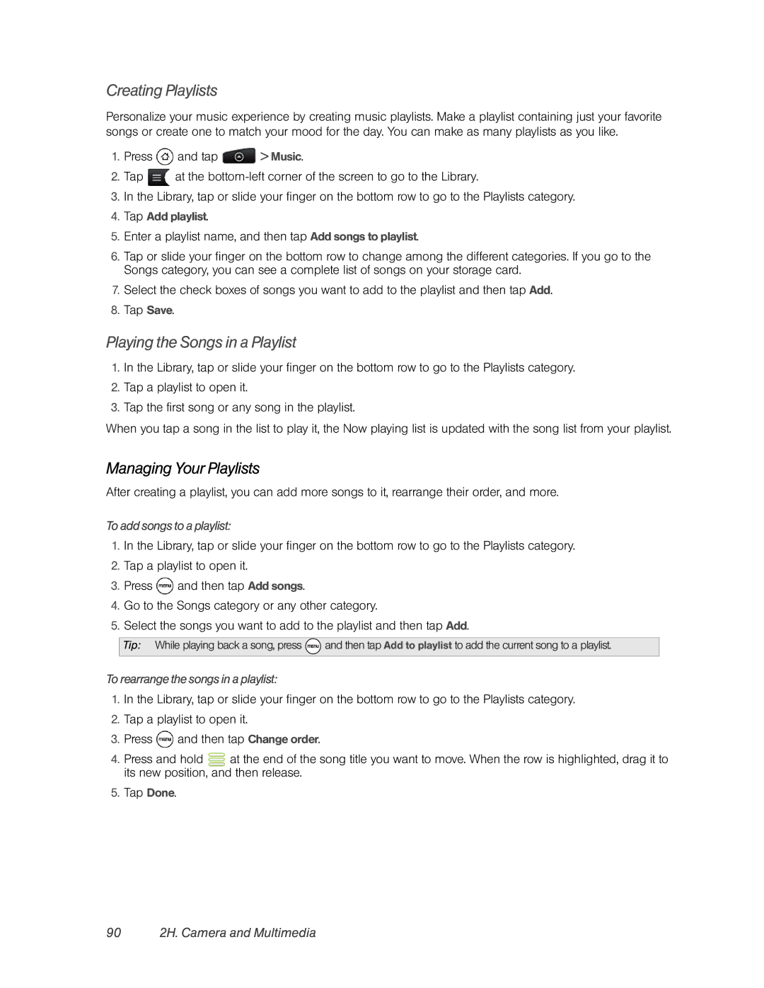 HTC PC36100 Creating Playlists, Playing the Songs in a Playlist, 90 2H. Camera and Multimedia, To add songs to a playlist 