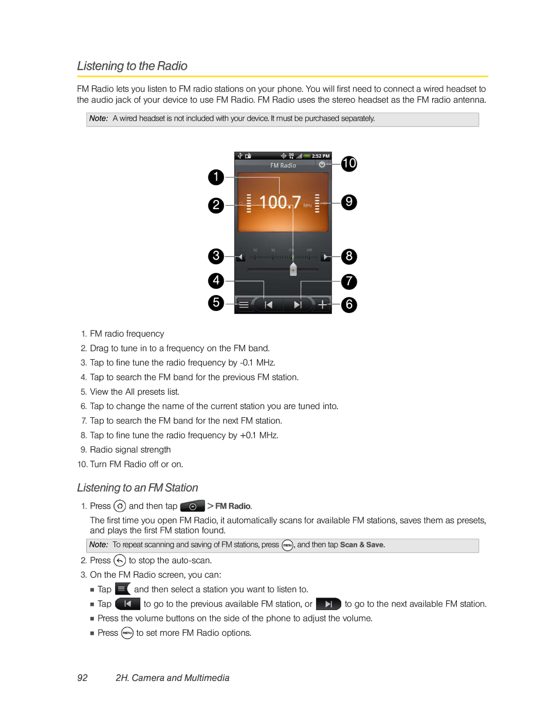 HTC PC36100, HTC EVO 4G manual Listening to the Radio, Listening to an FM Station, 92 2H. Camera and Multimedia 