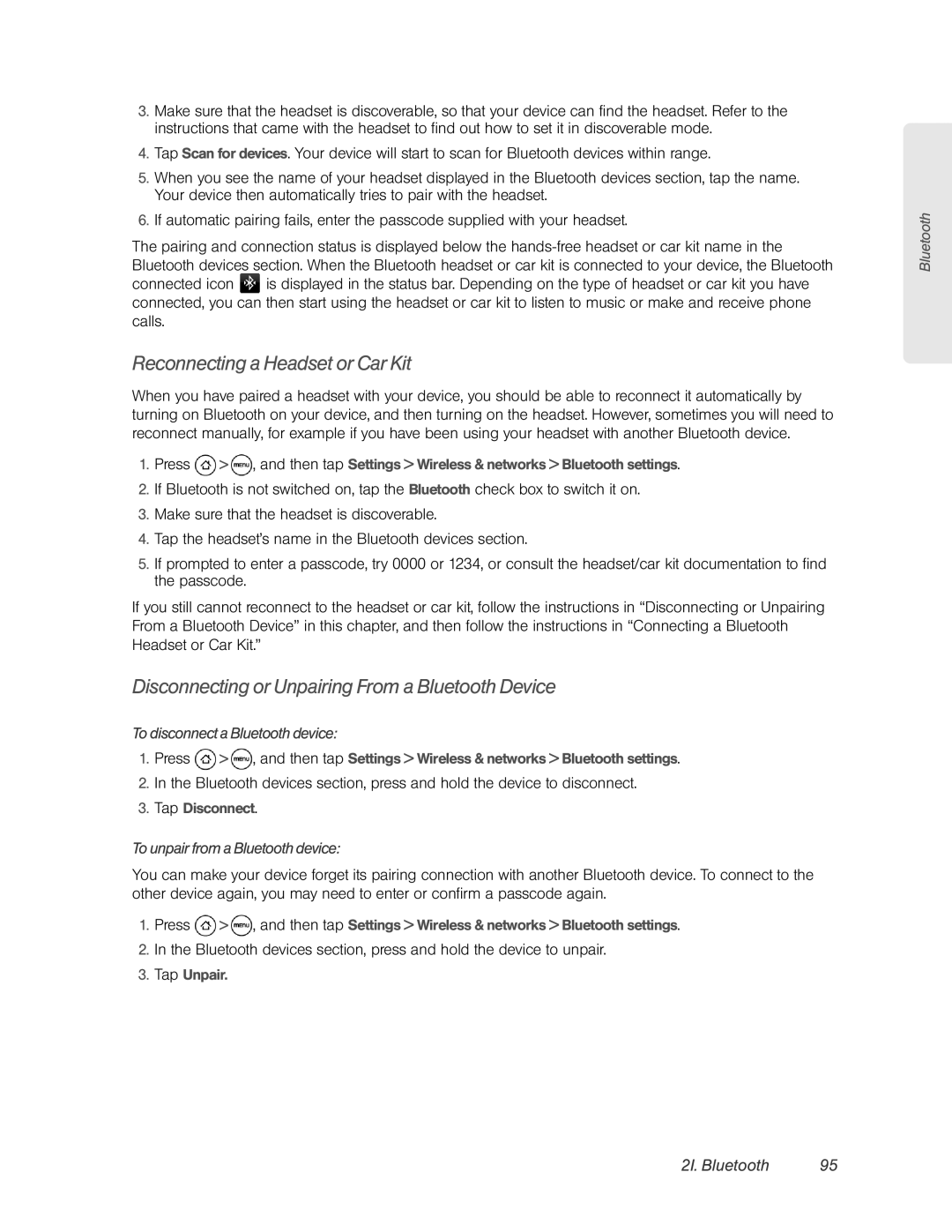 HTC HTC EVO 4G manual Reconnecting a Headset or Car Kit, Disconnecting or Unpairing From a Bluetooth Device, 2I. Bluetooth 