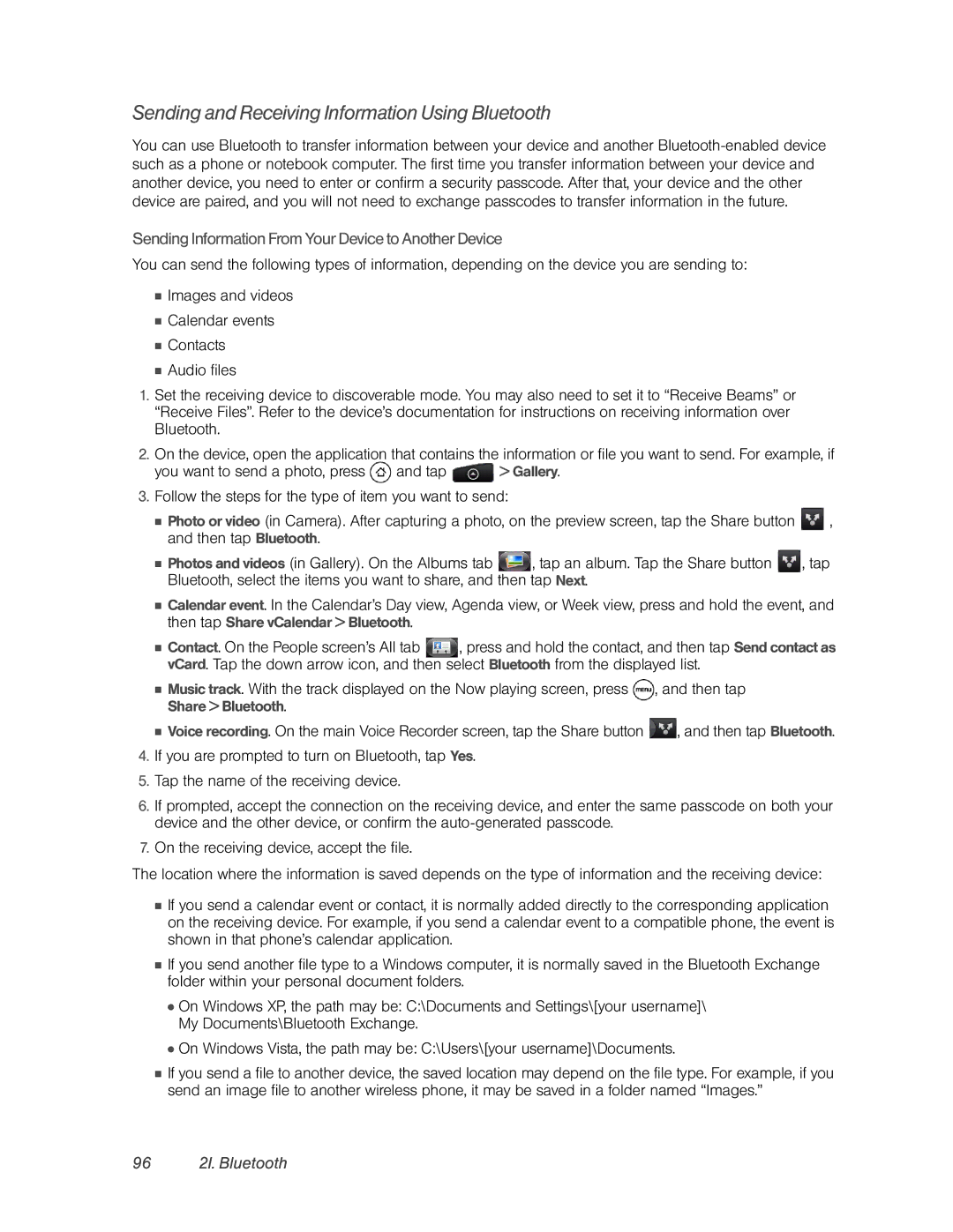 HTC PC36100 Sending and Receiving Information Using Bluetooth, Sending Information From Your Device to Another Device 