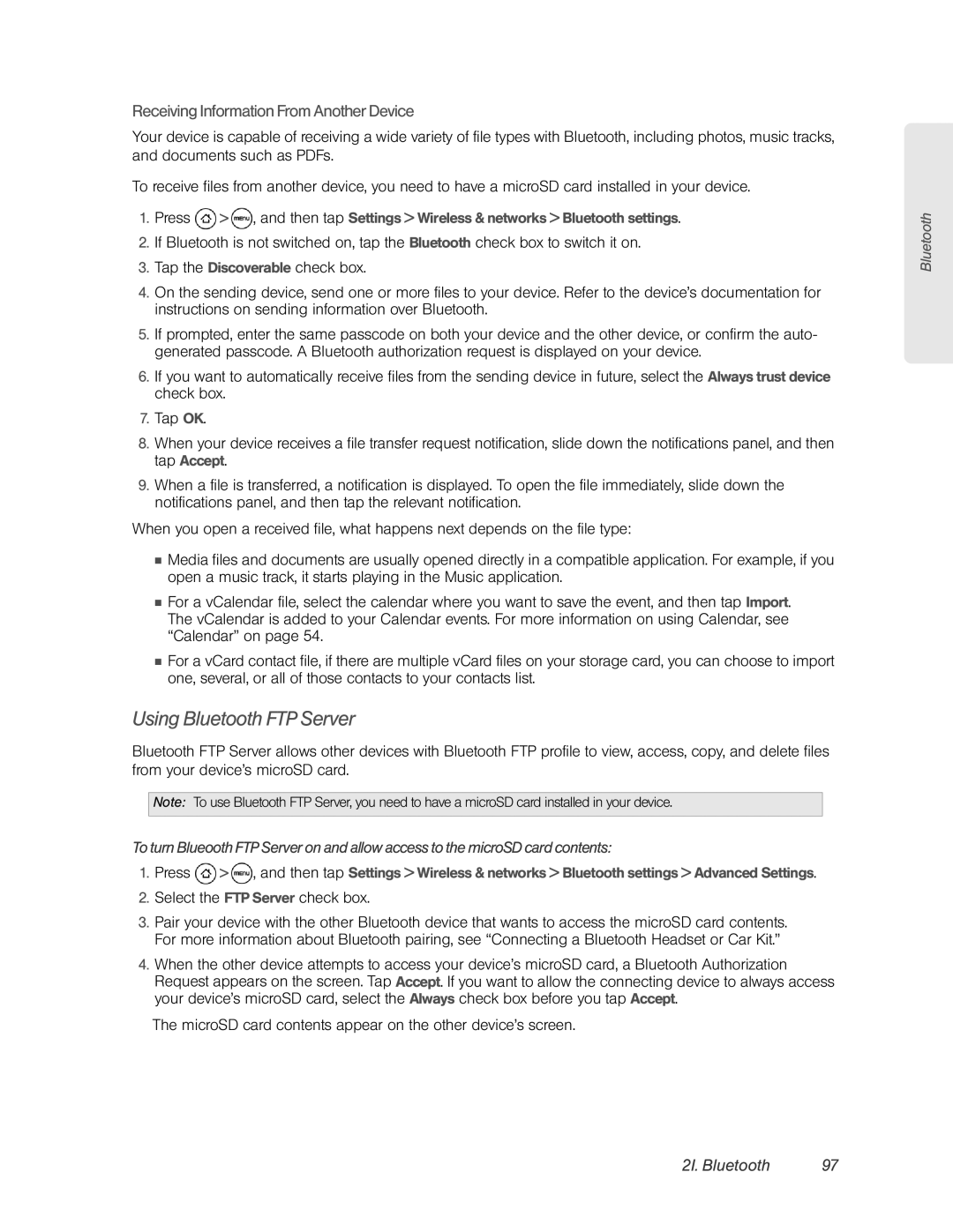 HTC HTC EVO 4G, PC36100 manual Using Bluetooth FTP Server, Receiving Information From Another Device 