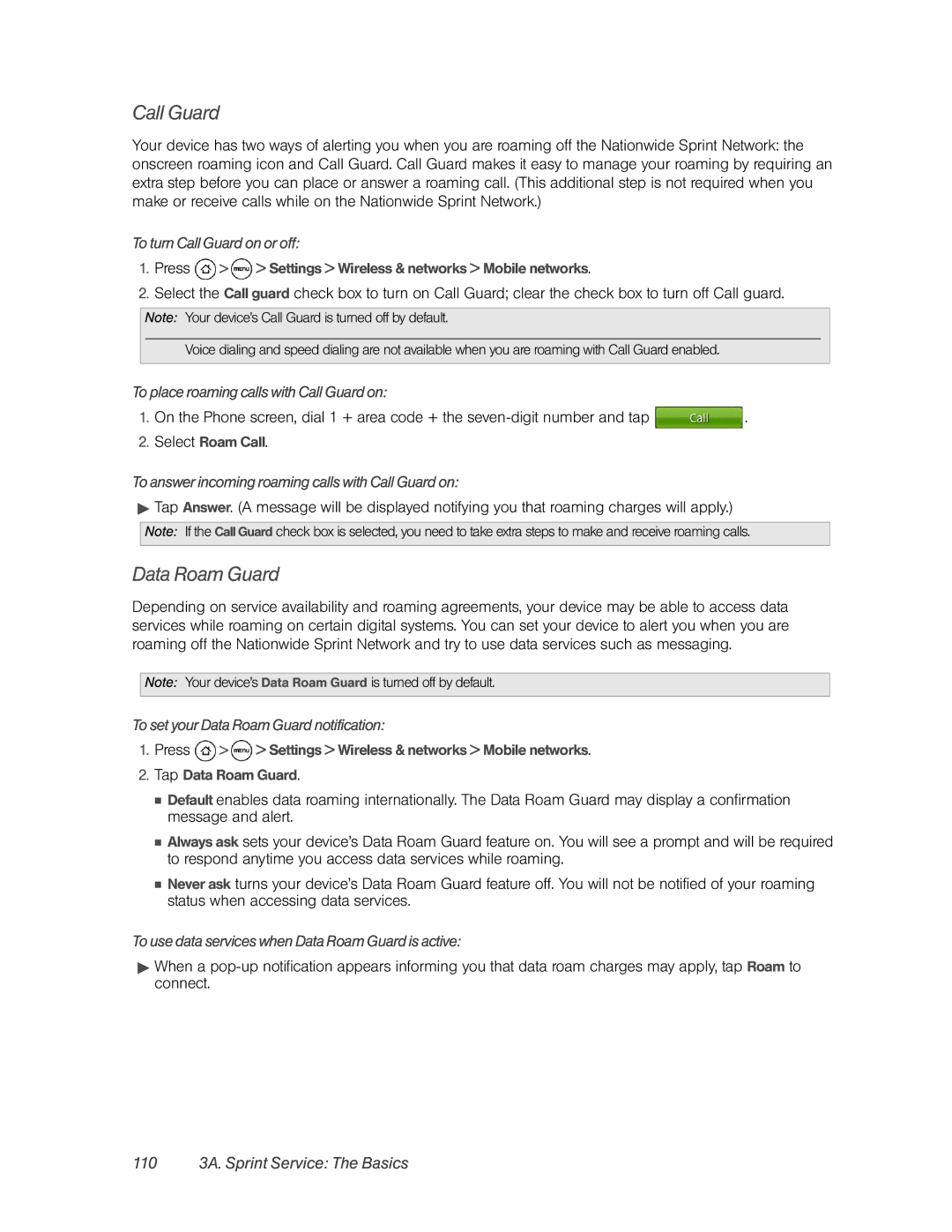 HTC PC36100, HTC EVO 4G manual Call Guard, Data Roam Guard, 110 3A. Sprint Service The Basics 