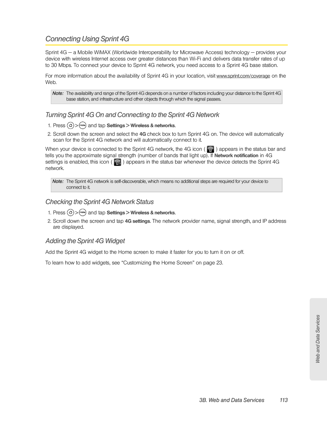 HTC HTC EVO 4G, PC36100 Connecting Using Sprint 4G, Checking the Sprint 4G Network Status, Adding the Sprint 4G Widget 