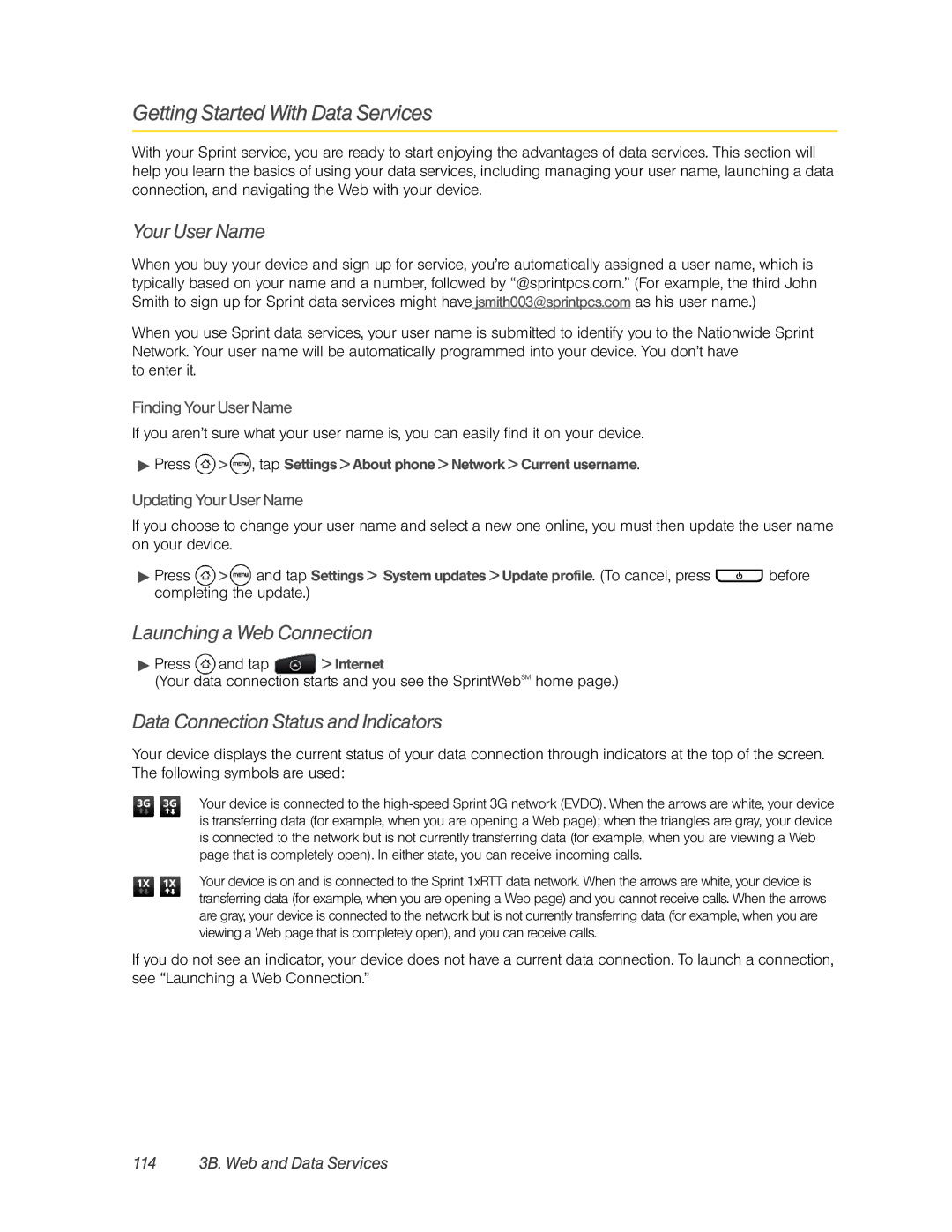 HTC PC36100 Getting Started With Data Services, Your User Name, Launching a Web Connection, 114 3B. Web and Data Services 