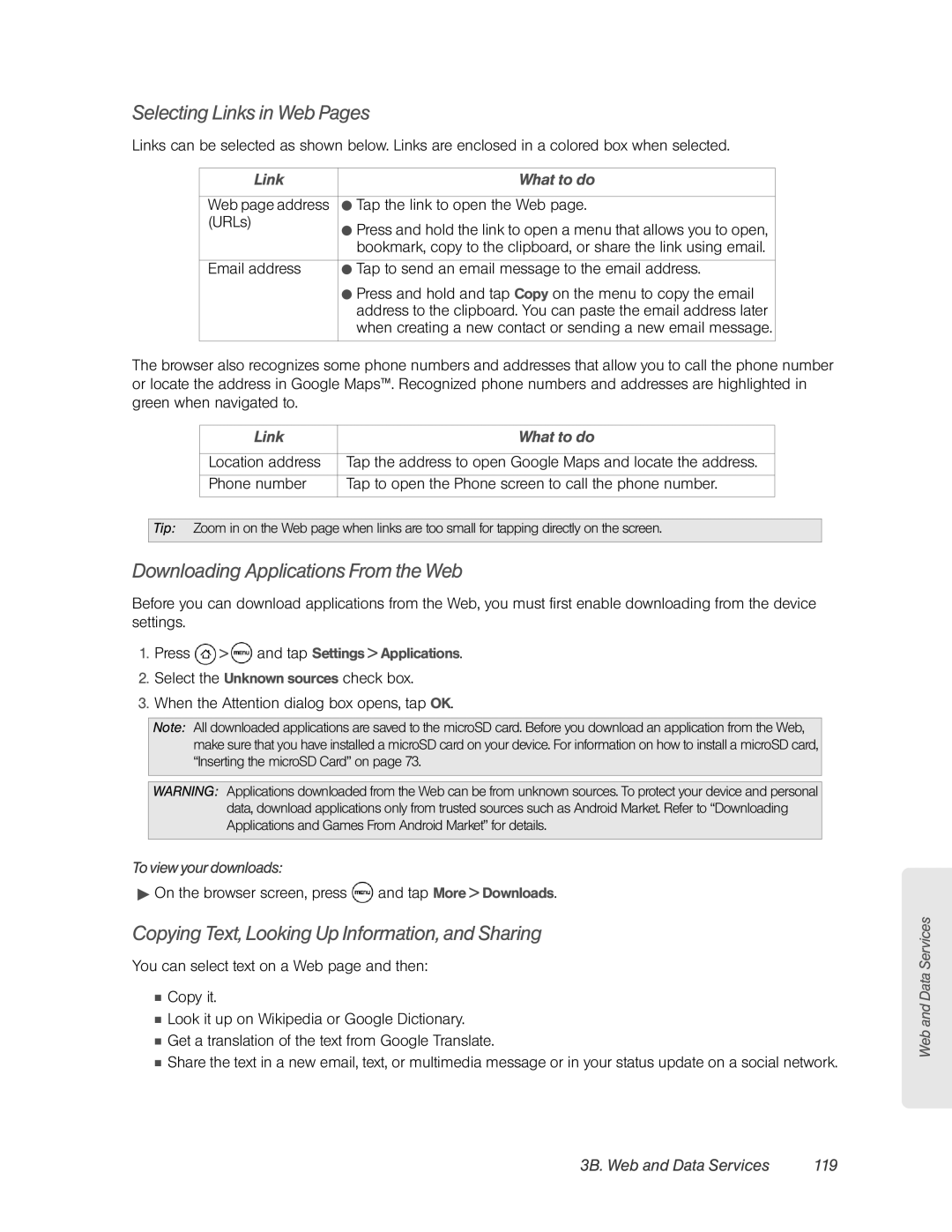 HTC HTC EVO 4G, PC36100 Selecting Links in Web Pages, Downloading Applications From the Web, 3B. Web and Data Services 119 