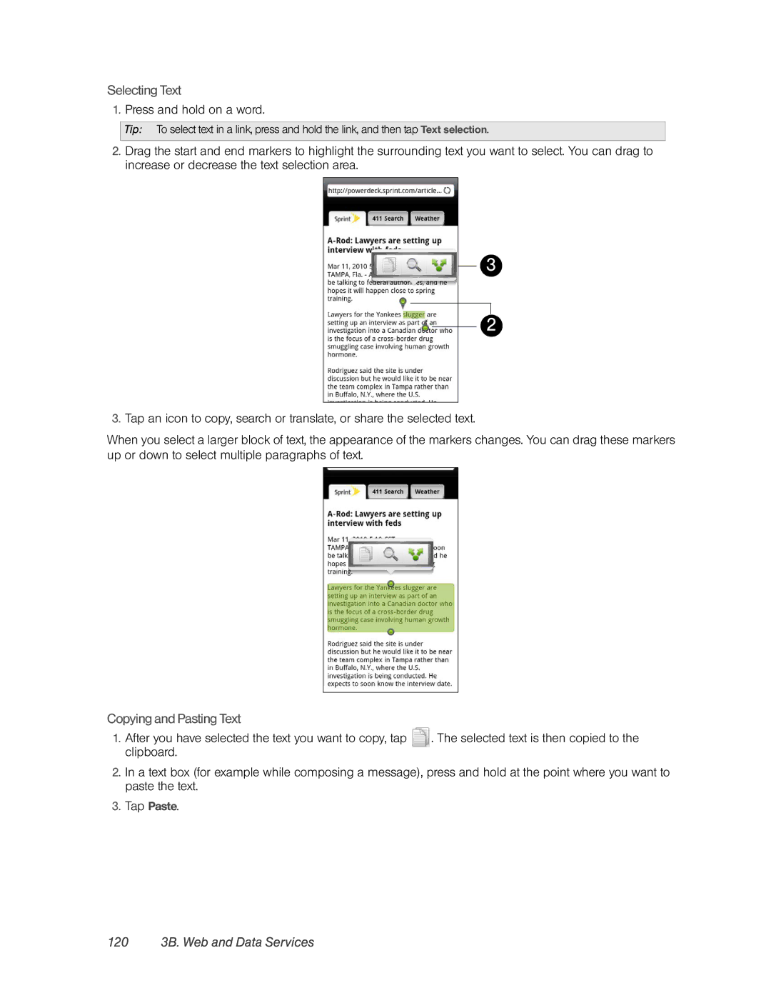 HTC PC36100, HTC EVO 4G manual Selecting Text, Copying and Pasting Text, 120 3B. Web and Data Services 