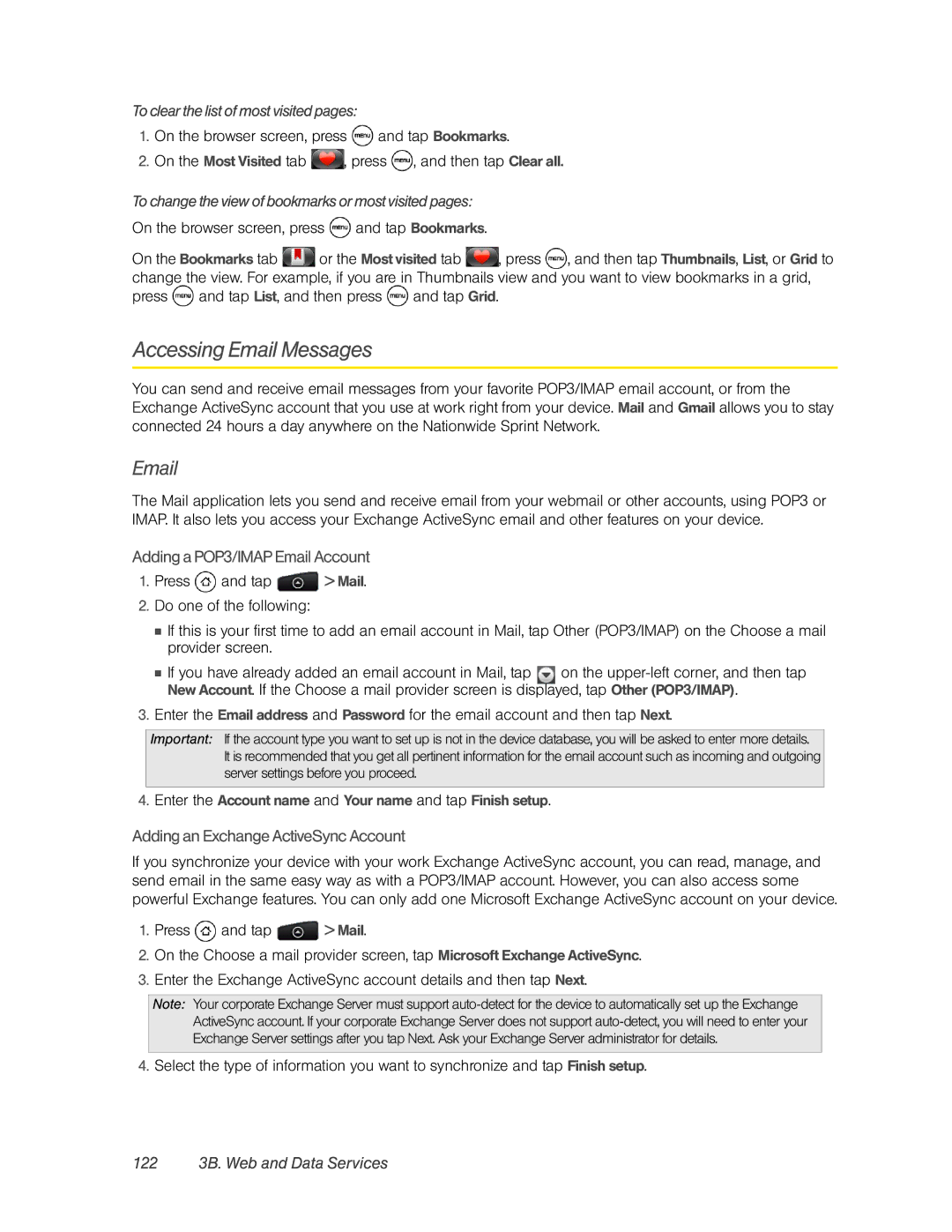 HTC PC36100, HTC EVO 4G Accessing Email Messages, Adding a POP3/IMAP Email Account, Adding an Exchange ActiveSync Account 