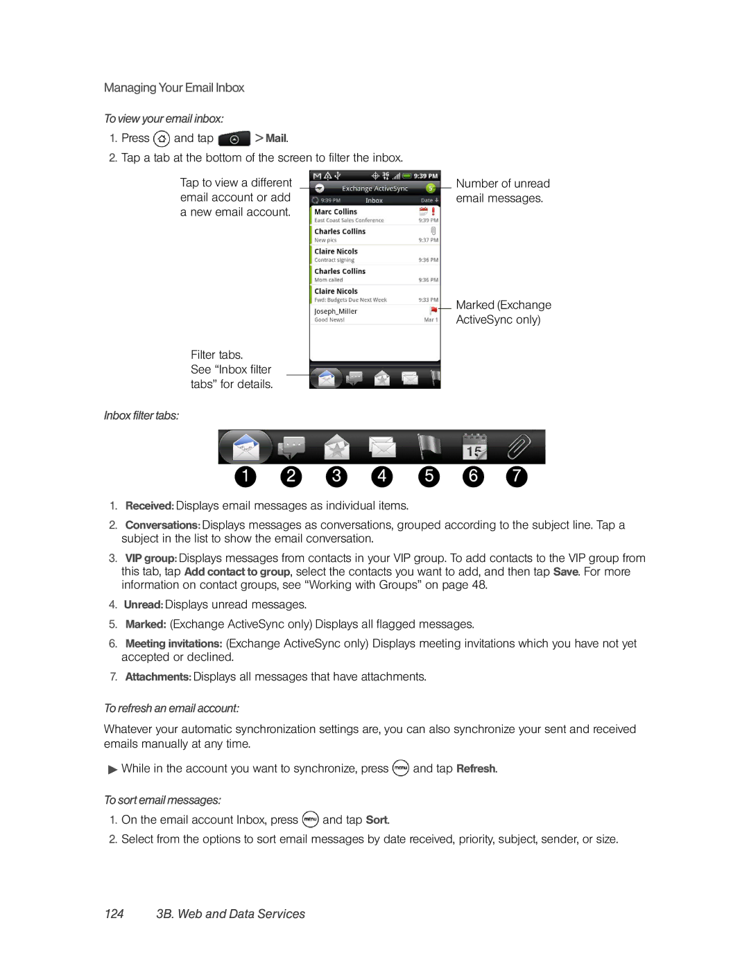 HTC PC36100, HTC EVO 4G manual Managing Your Email Inbox, 124 3B. Web and Data Services 