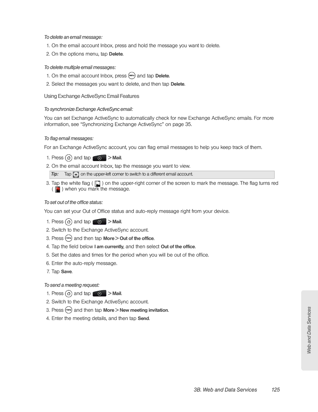 HTC HTC EVO 4G, PC36100 manual Using Exchange ActiveSync Email Features, 3B. Web and Data Services 125 