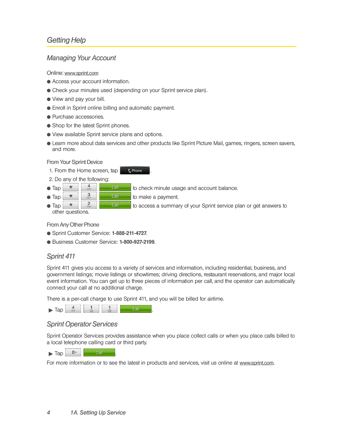 HTC PC36100, HTC EVO 4G manual Getting Help, Managing Your Account, Sprint Operator Services 