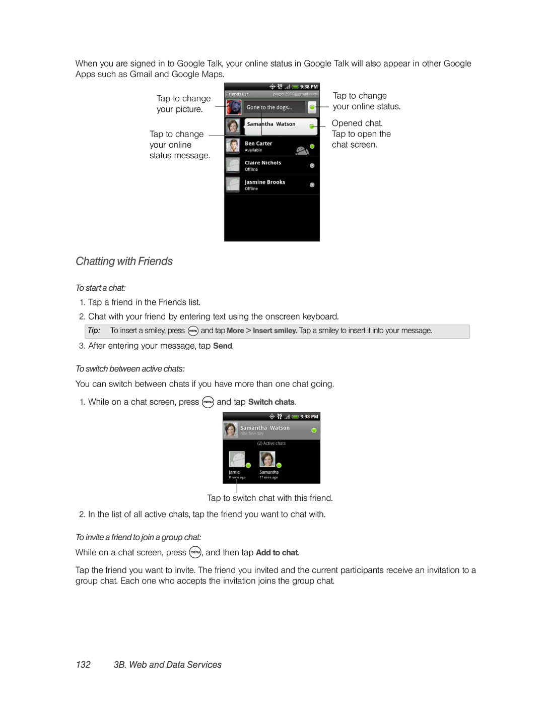 HTC PC36100 manual Chatting with Friends, 132 3B. Web and Data Services, To start a chat, To switch between active chats 