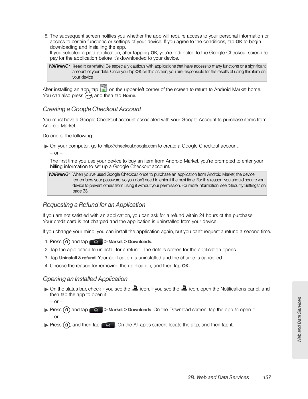 HTC HTC EVO 4G Creating a Google Checkout Account, Requesting a Refund for an Application, 3B. Web and Data Services 137 