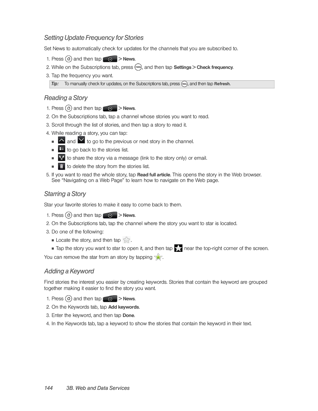 HTC PC36100, HTC EVO 4G manual Setting Update Frequency for Stories, Reading a Story, Starring a Story, Adding a Keyword 