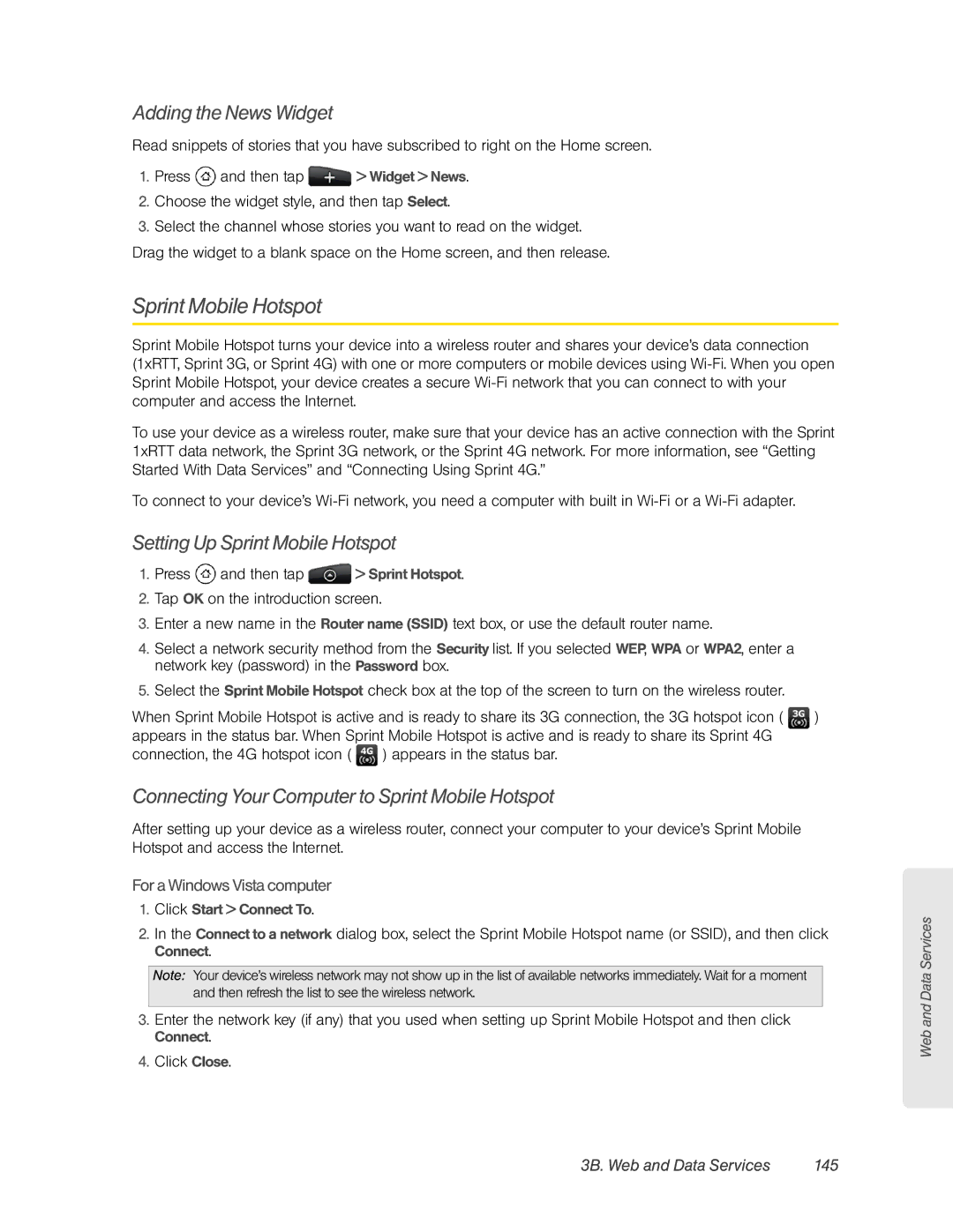 HTC HTC EVO 4G, PC36100 manual Adding the News Widget, Setting Up Sprint Mobile Hotspot, 3B. Web and Data Services 145 