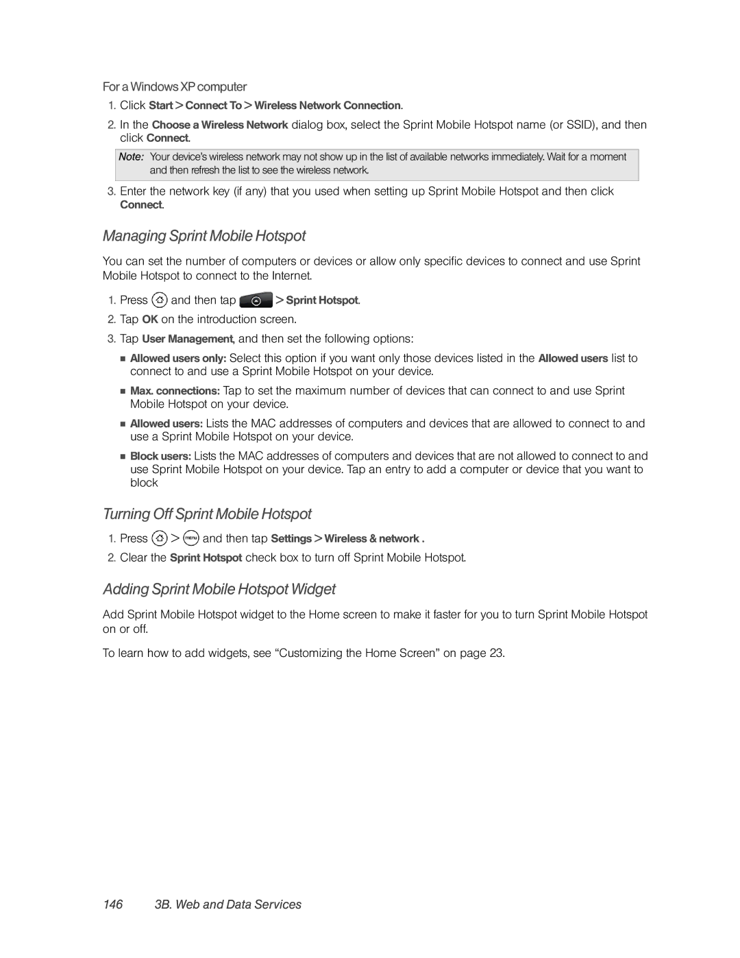 HTC PC36100 manual Managing Sprint Mobile Hotspot, Turning Off Sprint Mobile Hotspot, Adding Sprint Mobile Hotspot Widget 