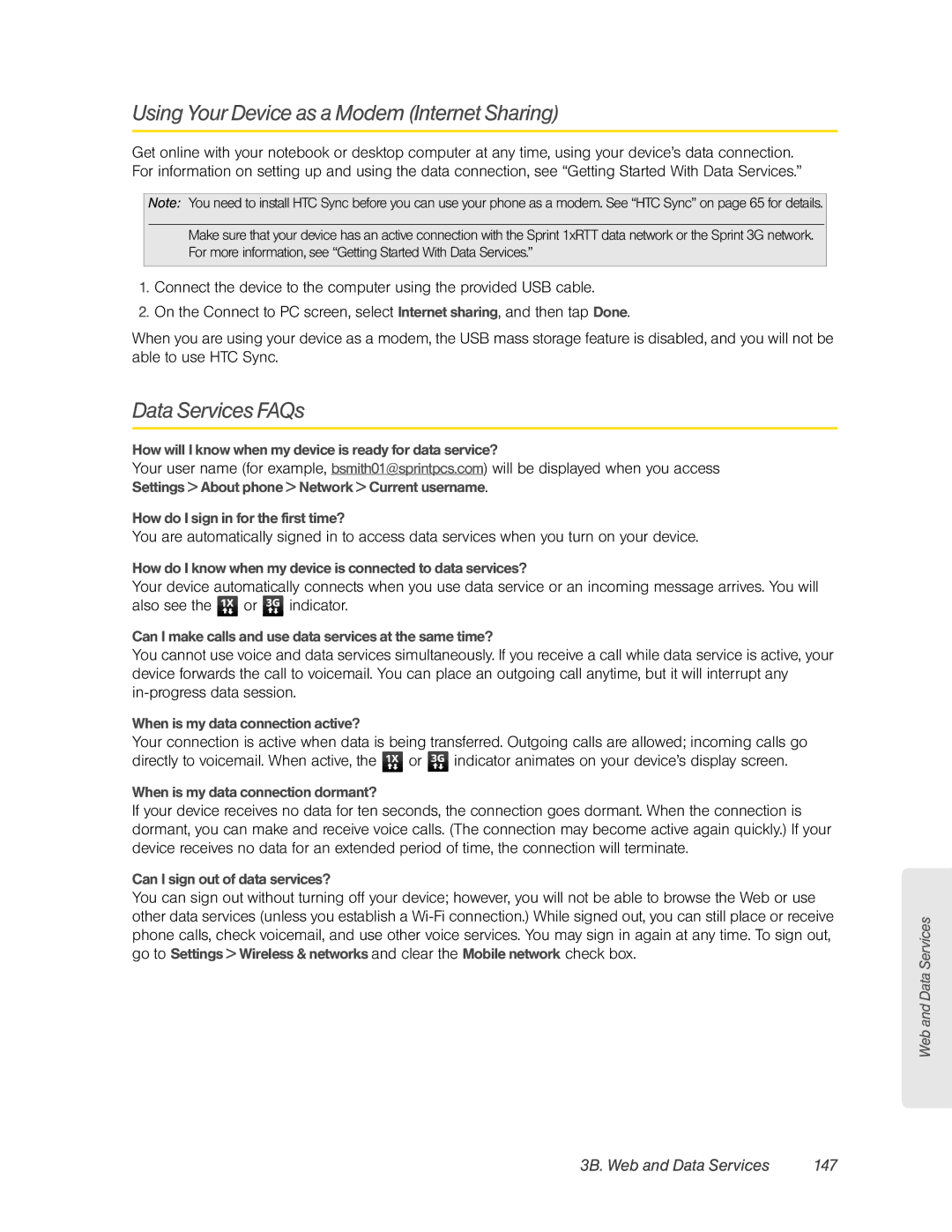 HTC HTC EVO 4G, PC36100 Using Your Device as a Modem Internet Sharing, Data Services FAQs, 3B. Web and Data Services 147 