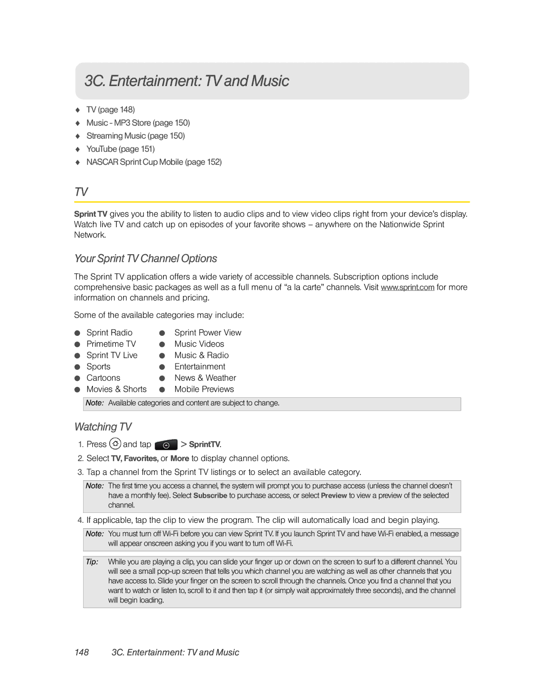 HTC PC36100, HTC EVO 4G manual 3C. Entertainment TV and Music, Your Sprint TV Channel Options, Watching TV,  Sprint Radio 