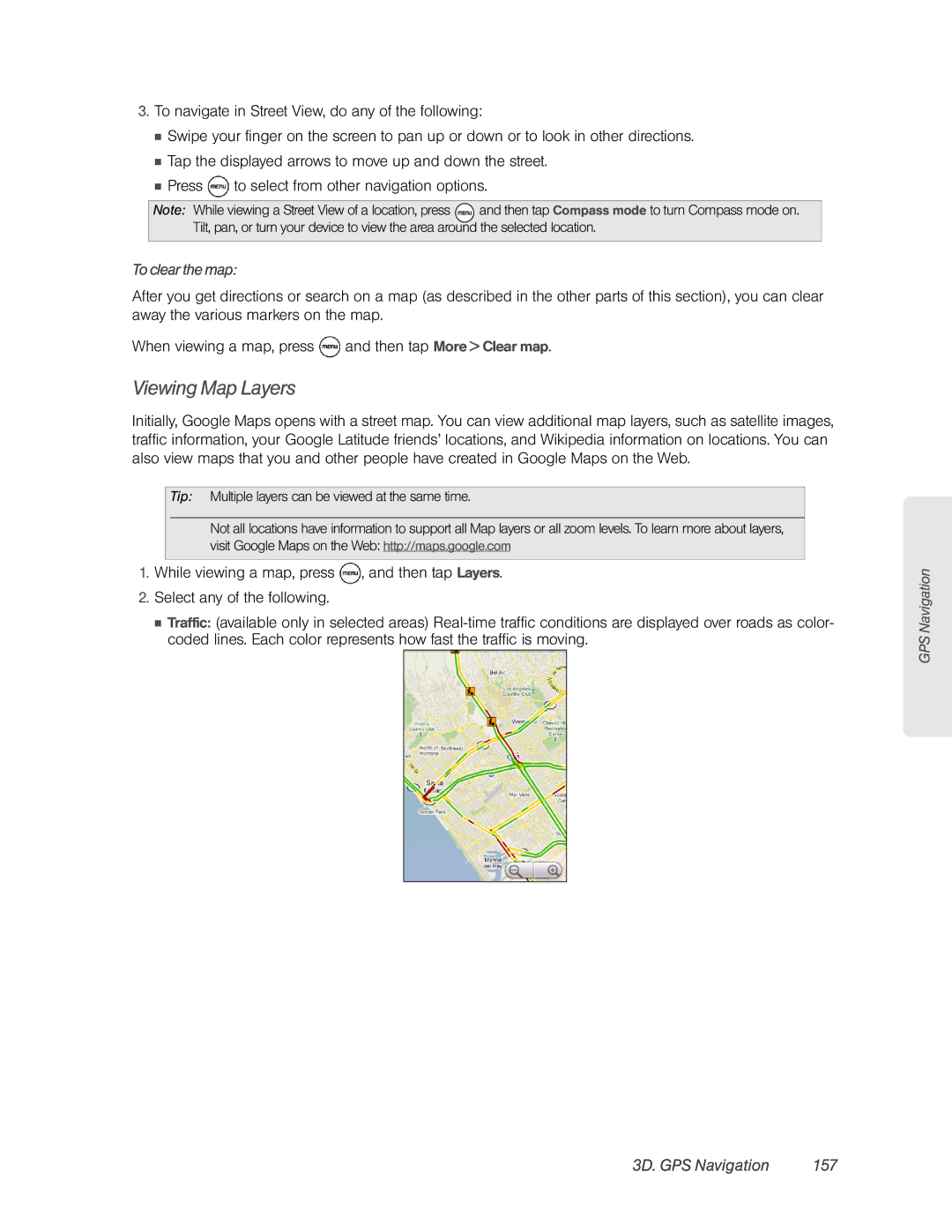 HTC HTC EVO 4G, PC36100 manual Viewing Map Layers, 3D. GPS Navigation 157, To clear the map 