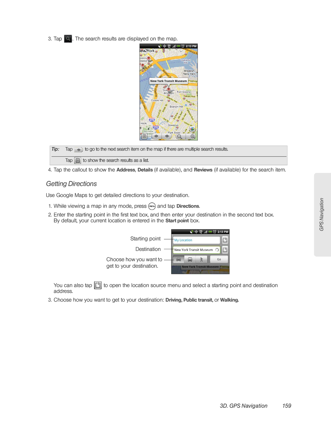 HTC HTC EVO 4G, PC36100 manual Getting Directions, 3D. GPS Navigation 159 
