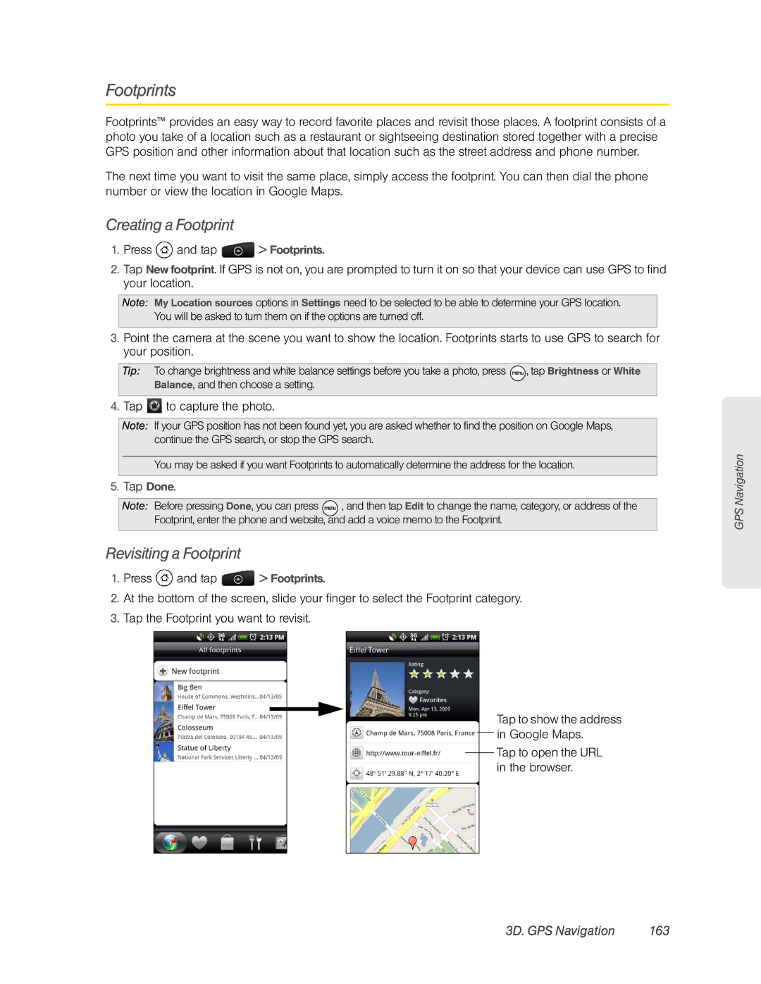 HTC HTC EVO 4G, PC36100 manual Footprints, Creating a Footprint, Revisiting a Footprint, 3D. GPS Navigation 163 