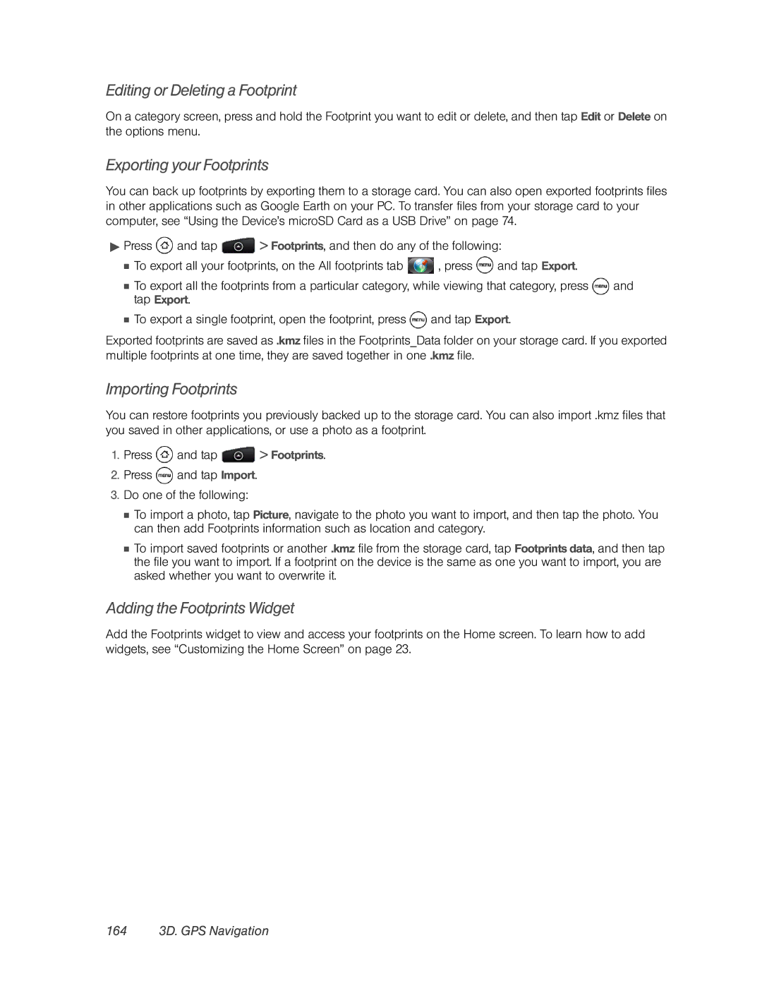 HTC PC36100 Editing or Deleting a Footprint, Exporting your Footprints, Importing Footprints, Adding the Footprints Widget 