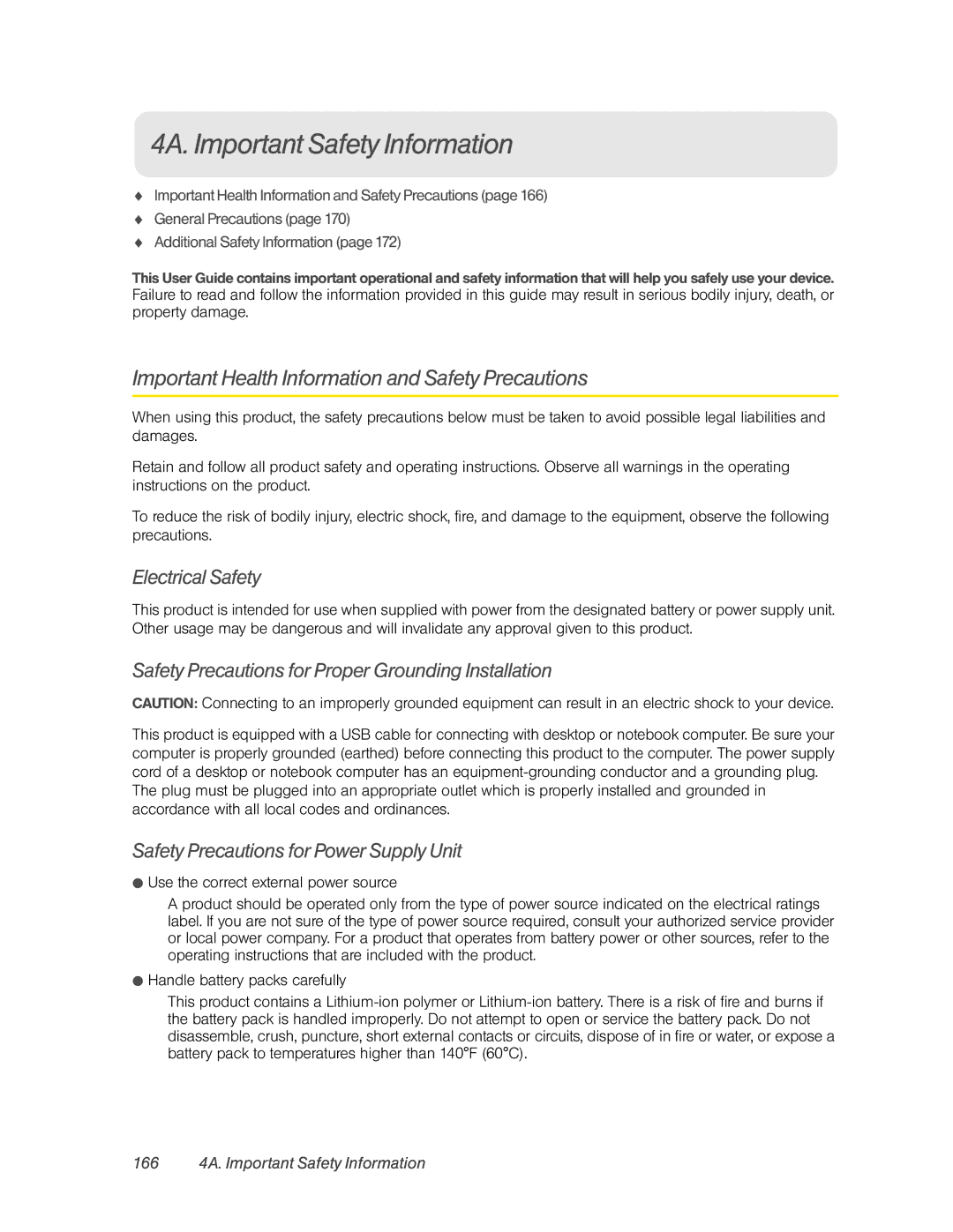 HTC PC36100 manual 4A. Important Safety Information, Important Health Information and Safety Precautions, Electrical Safety 