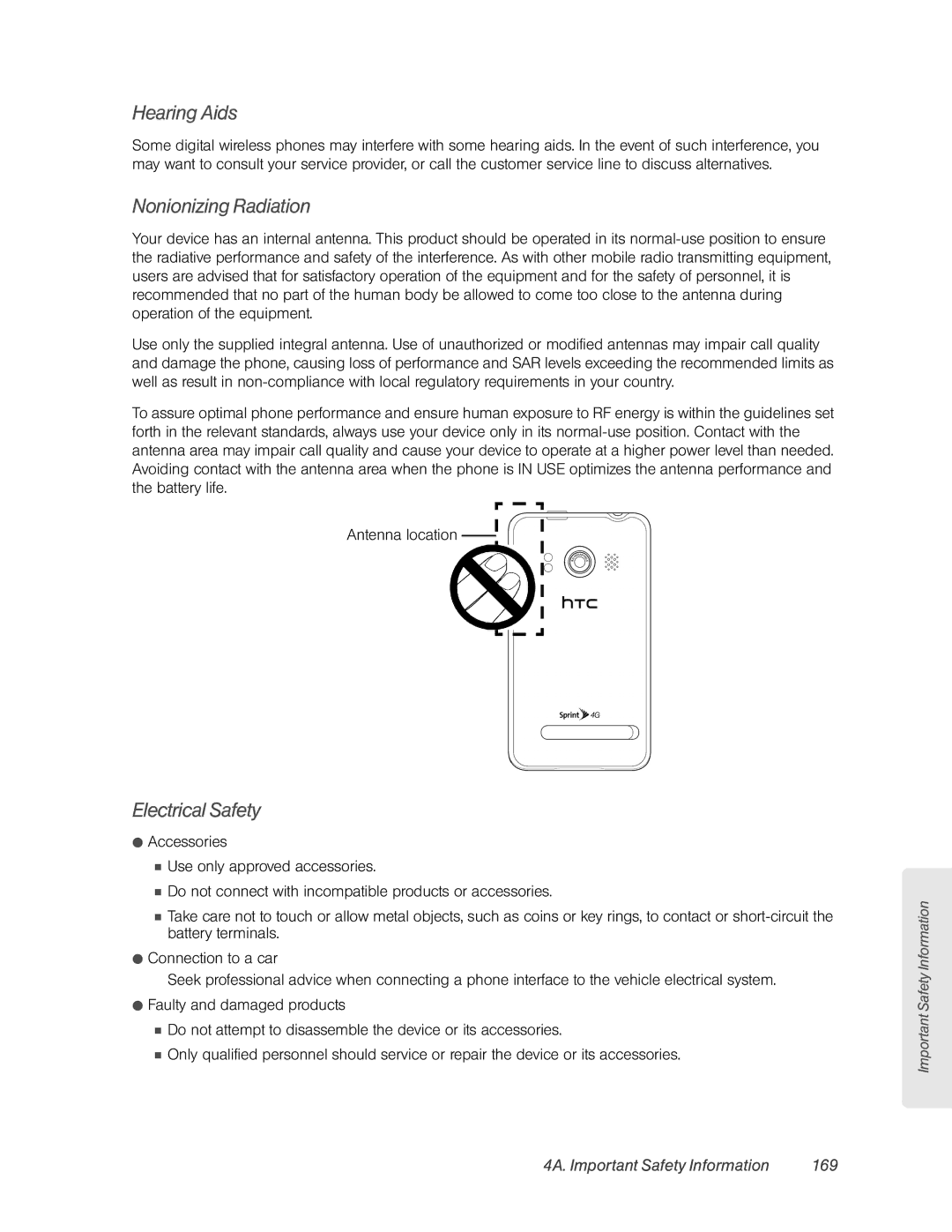 HTC HTC EVO 4G, PC36100 manual Hearing Aids, Nonionizing Radiation, 4A. Important Safety Information 169 