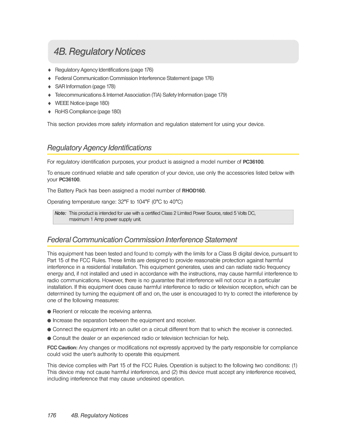 HTC PC36100, HTC EVO 4G manual Regulatory Agency Identifications, 176 4B. Regulatory Notices 