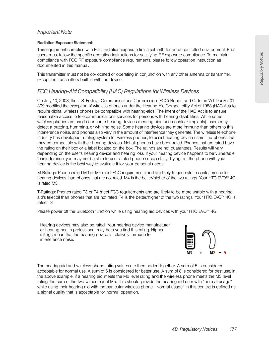 HTC HTC EVO 4G, PC36100 manual Important Note, 4B. Regulatory Notices 177, Radiation Exposure Statement 