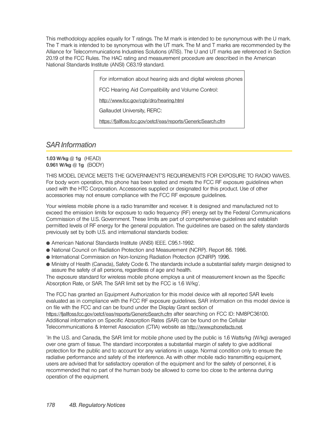 HTC PC36100, HTC EVO 4G manual SAR Information, 178 4B. Regulatory Notices 