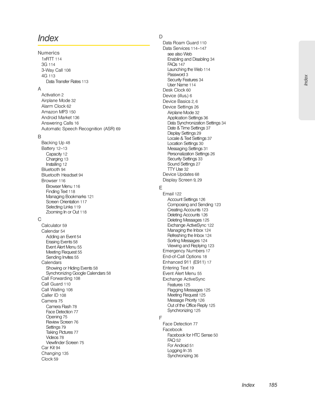 HTC HTC EVO 4G, PC36100 manual Index, Numerics 