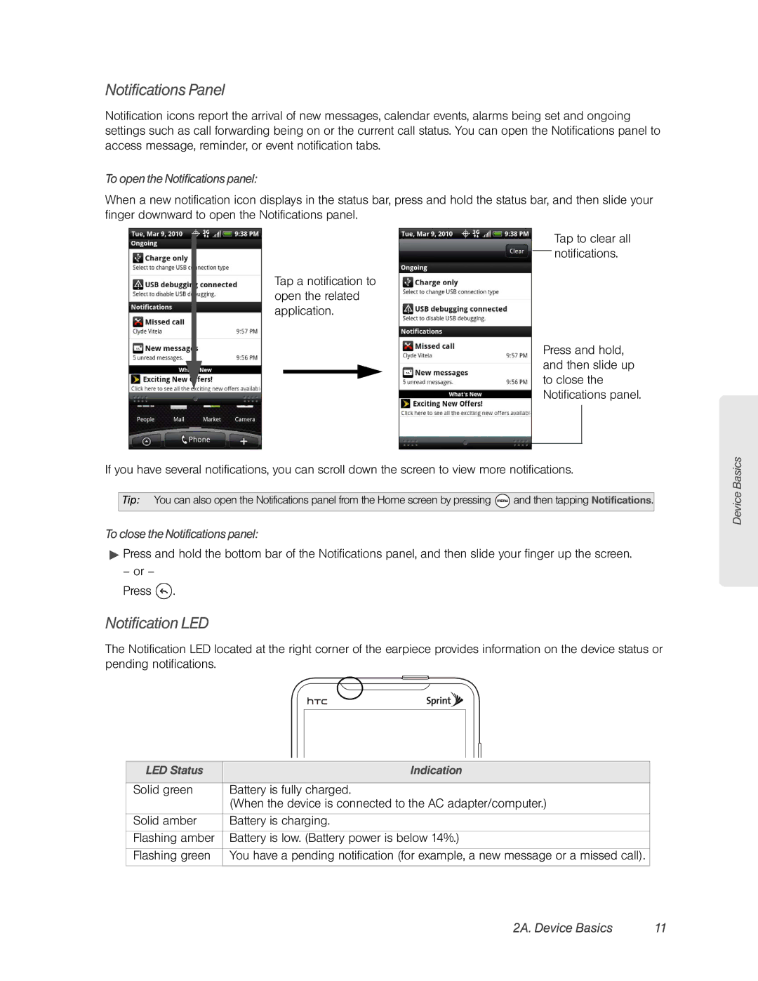 HTC HTC EVO 4G Notifications Panel, Notification LED, To open the Notifications panel, To close the Notifications panel 