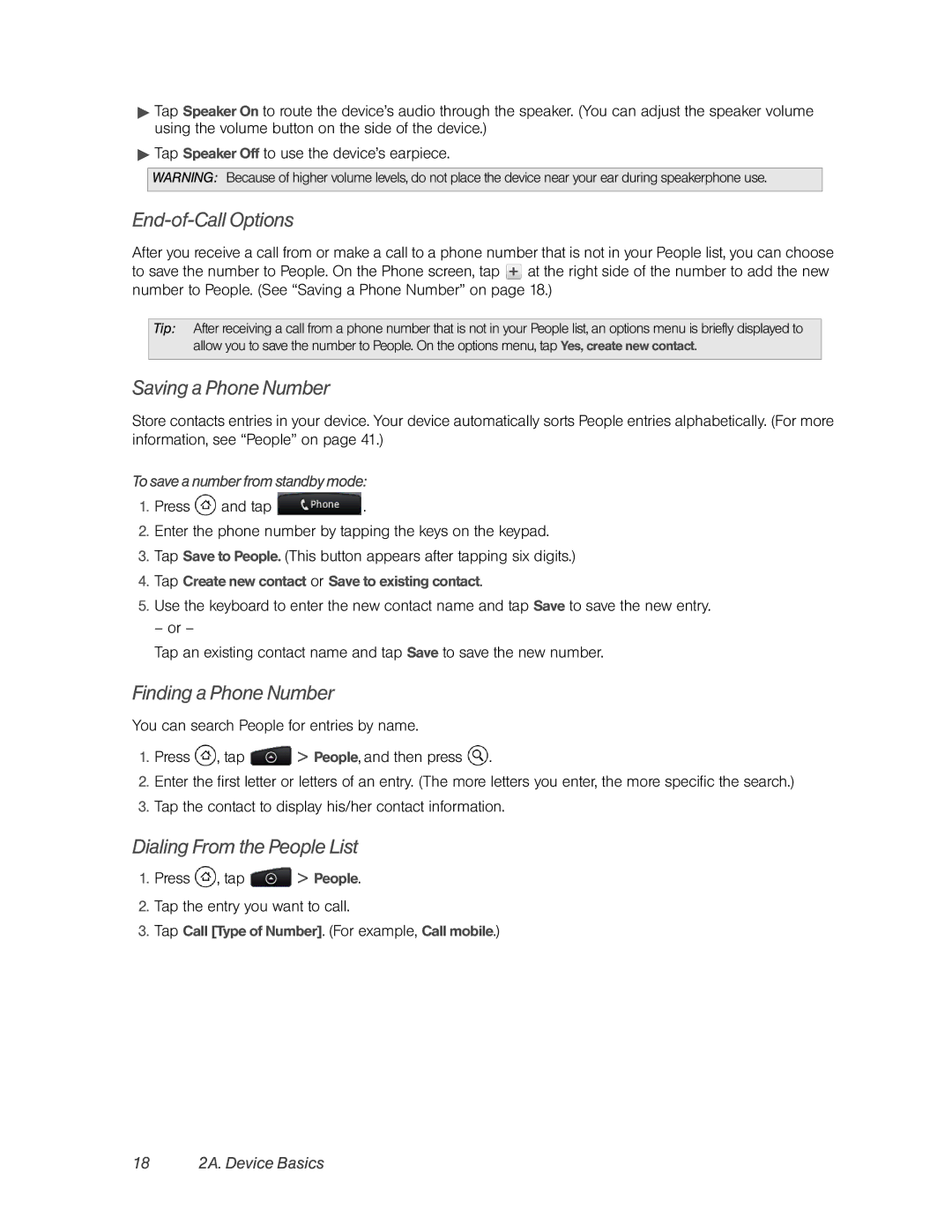 HTC PC36100, HTC EVO 4G End-of-Call Options, Saving a Phone Number, Finding a Phone Number, Dialing From the People List 