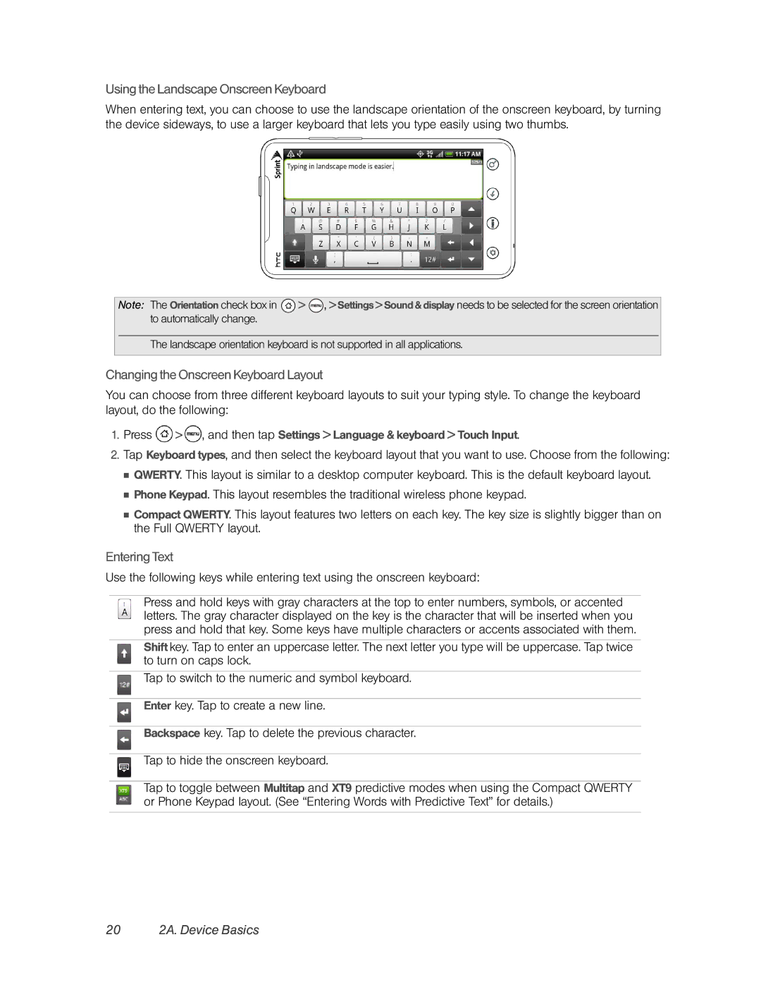 HTC PC36100, HTC EVO 4G manual Using the Landscape Onscreen Keyboard, Changing the Onscreen Keyboard Layout, Entering Text 