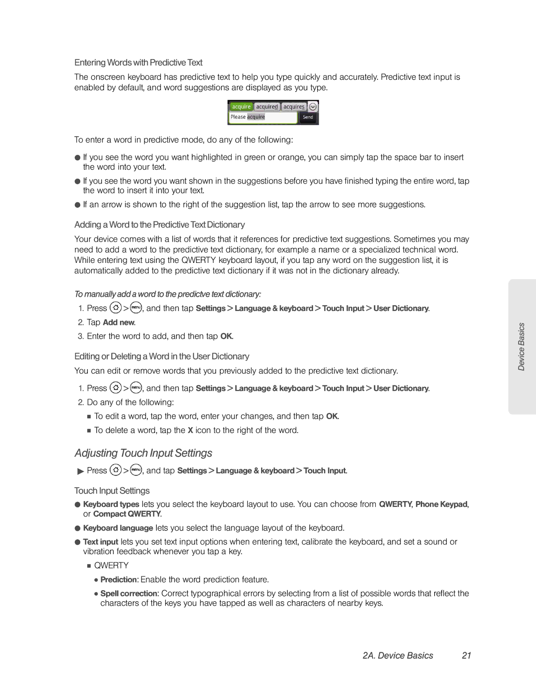 HTC HTC EVO 4G, PC36100 manual Adjusting Touch Input Settings, Entering Words with Predictive Text 