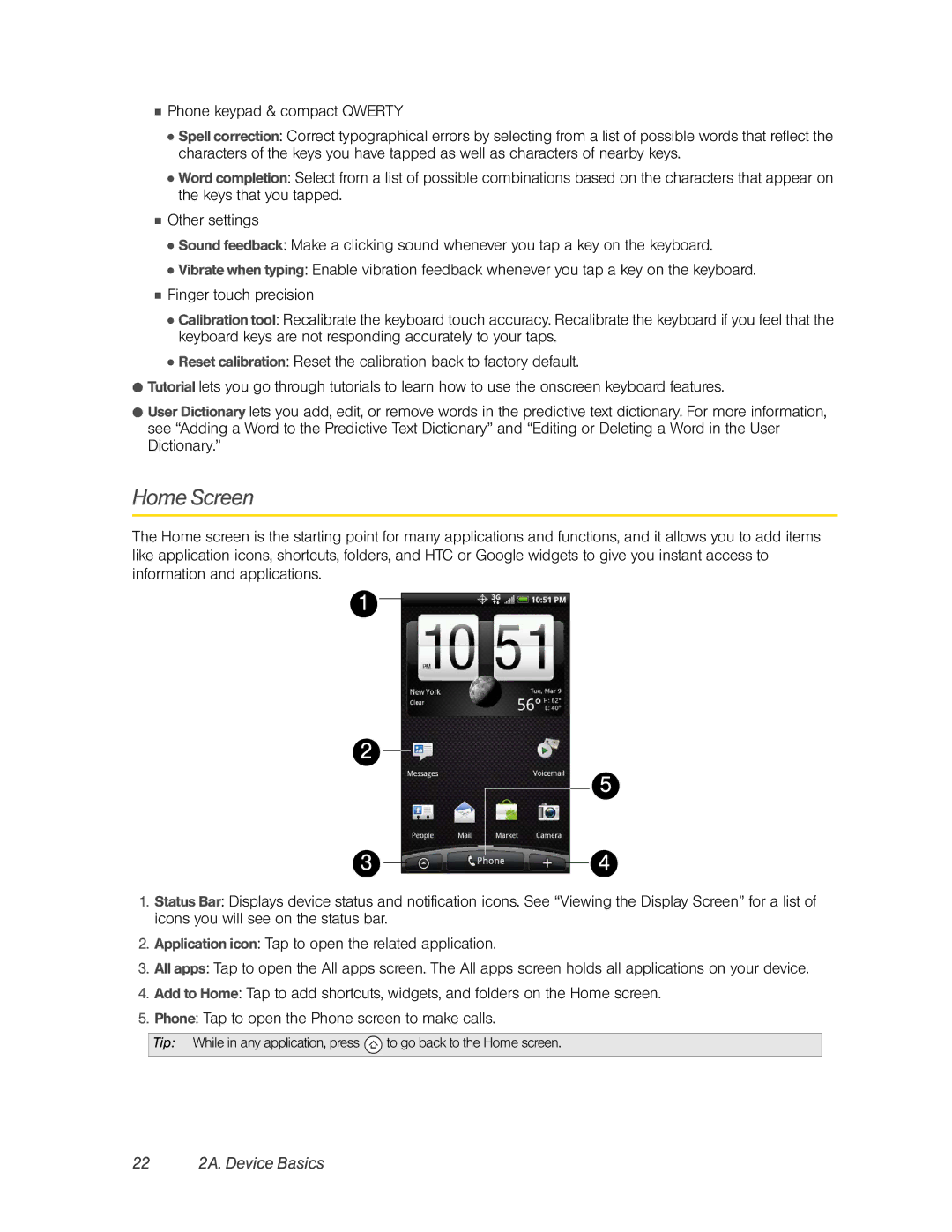 HTC PC36100, HTC EVO 4G manual Home Screen, 22 2A. Device Basics 