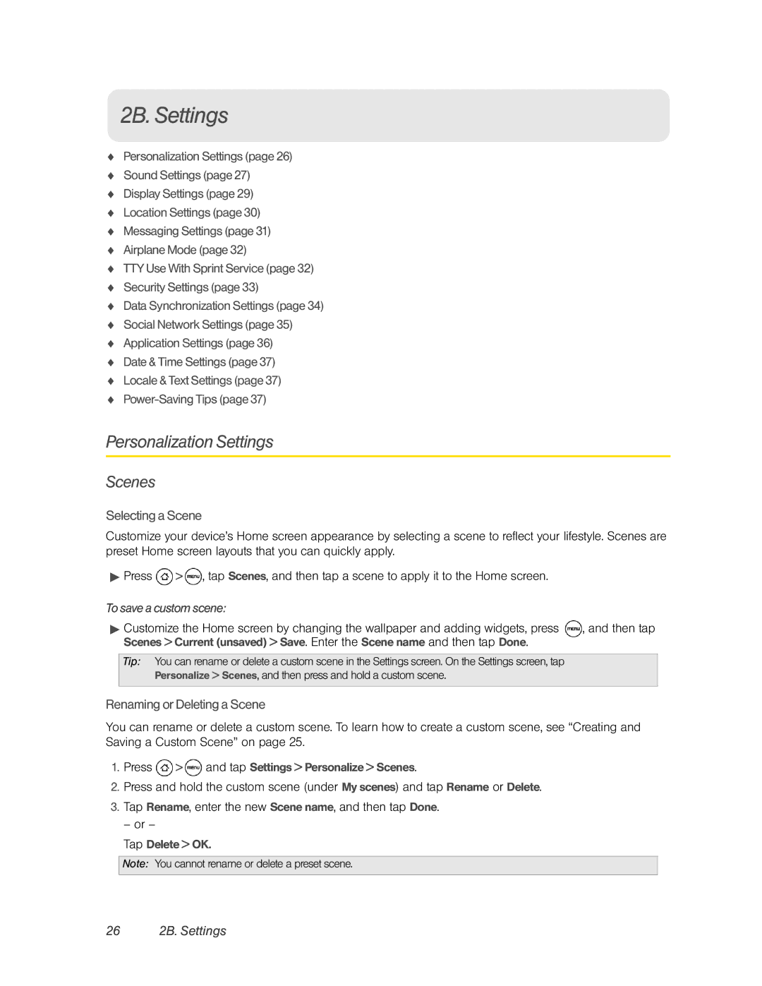 HTC PC36100, HTC EVO 4G manual Personalization Settings, Scenes, 26 2B. Settings 