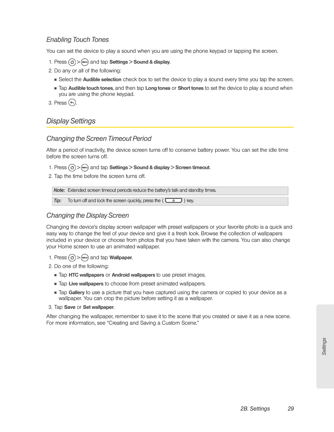 HTC HTC EVO 4G Display Settings, Enabling Touch Tones, Changing the Screen Timeout Period, Changing the Display Screen 