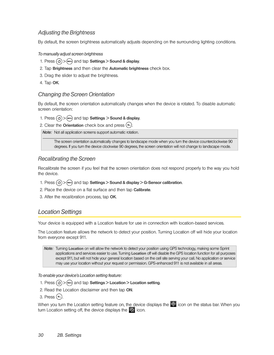 HTC PC36100 manual Location Settings, Adjusting the Brightness, Changing the Screen Orientation, Recalibrating the Screen 