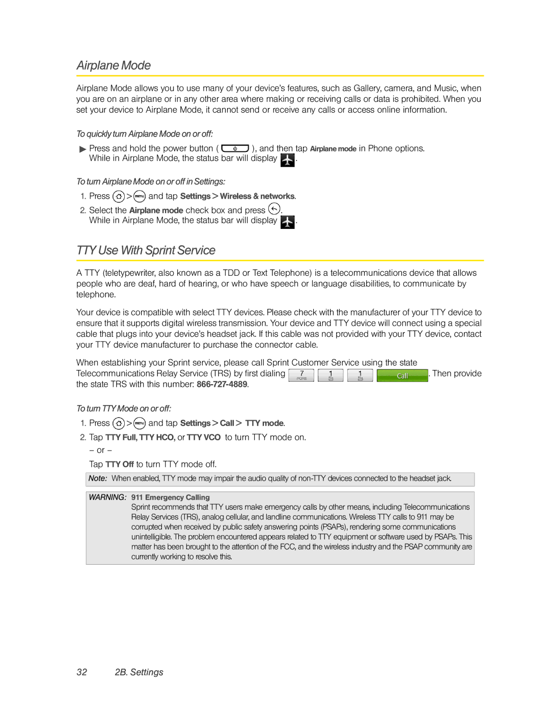 HTC PC36100, HTC EVO 4G manual Airplane Mode, TTY Use With Sprint Service, 32 2B. Settings 