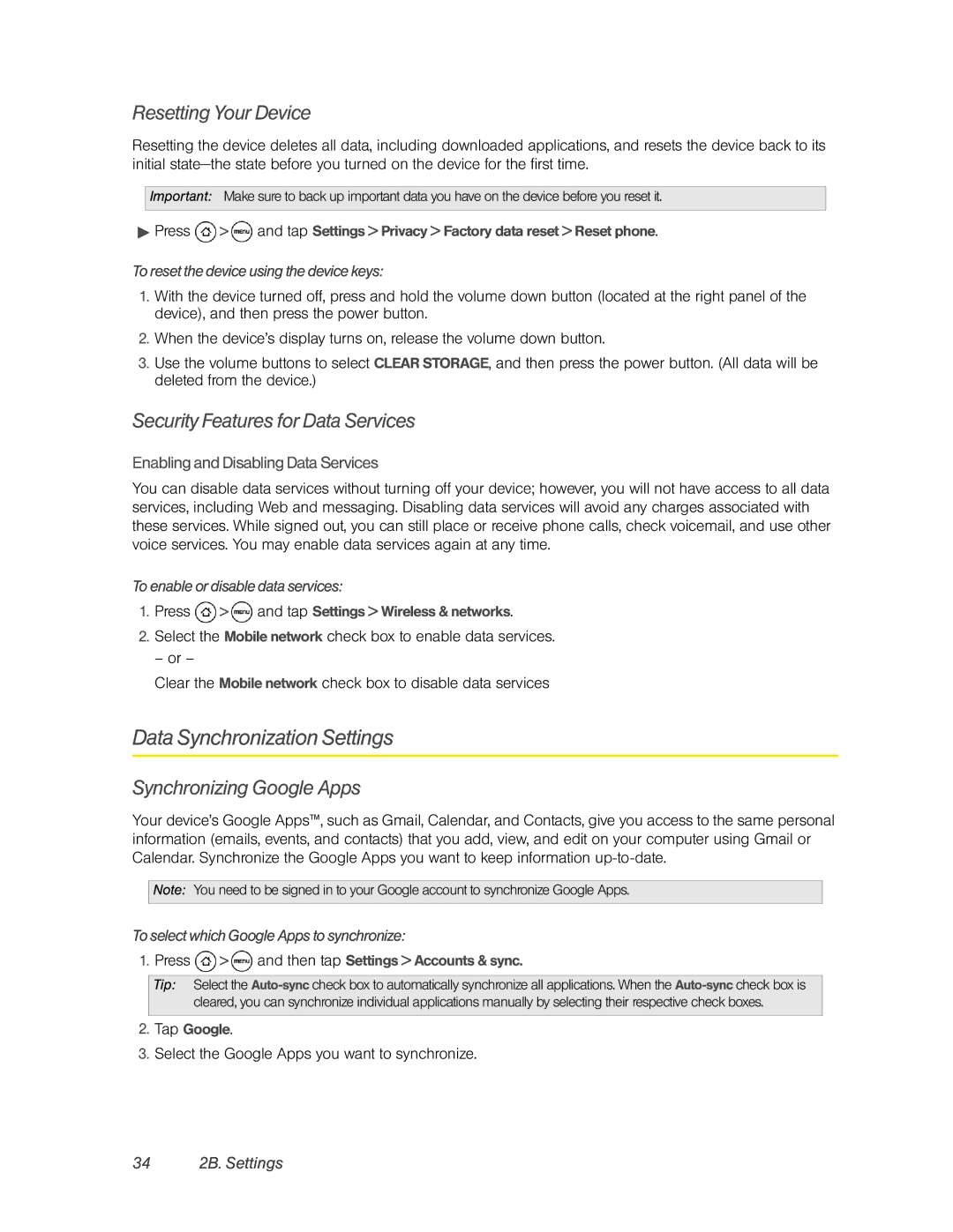 HTC PC36100 Data Synchronization Settings, Resetting Your Device, Security Features for Data Services, 34 2B. Settings 