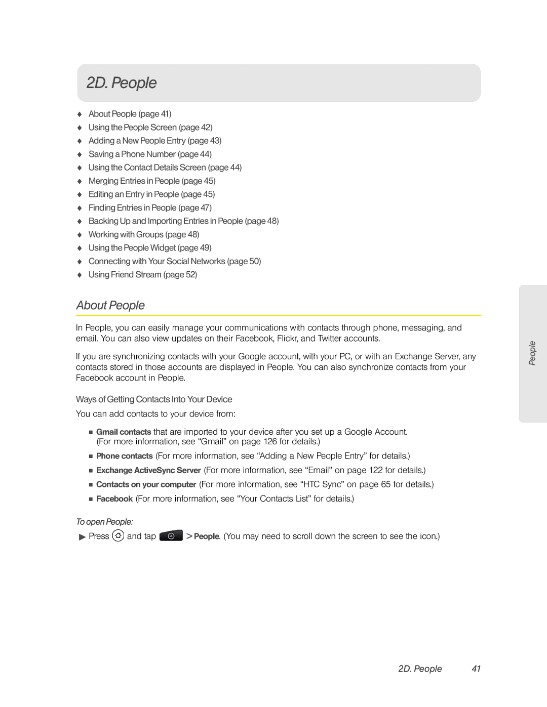 HTC HTC EVO 4G, PC36100 manual 2D. People, About People, Ways of Getting Contacts Into Your Device, To open People 