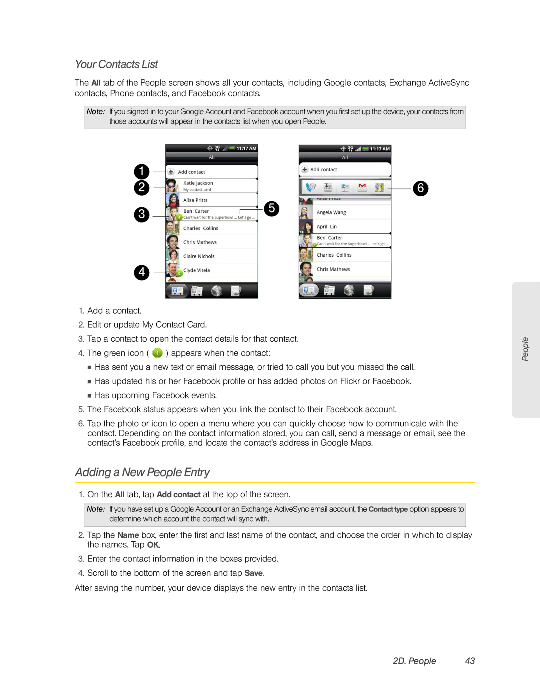 HTC HTC EVO 4G, PC36100 manual Adding a New People Entry, Your Contacts List 