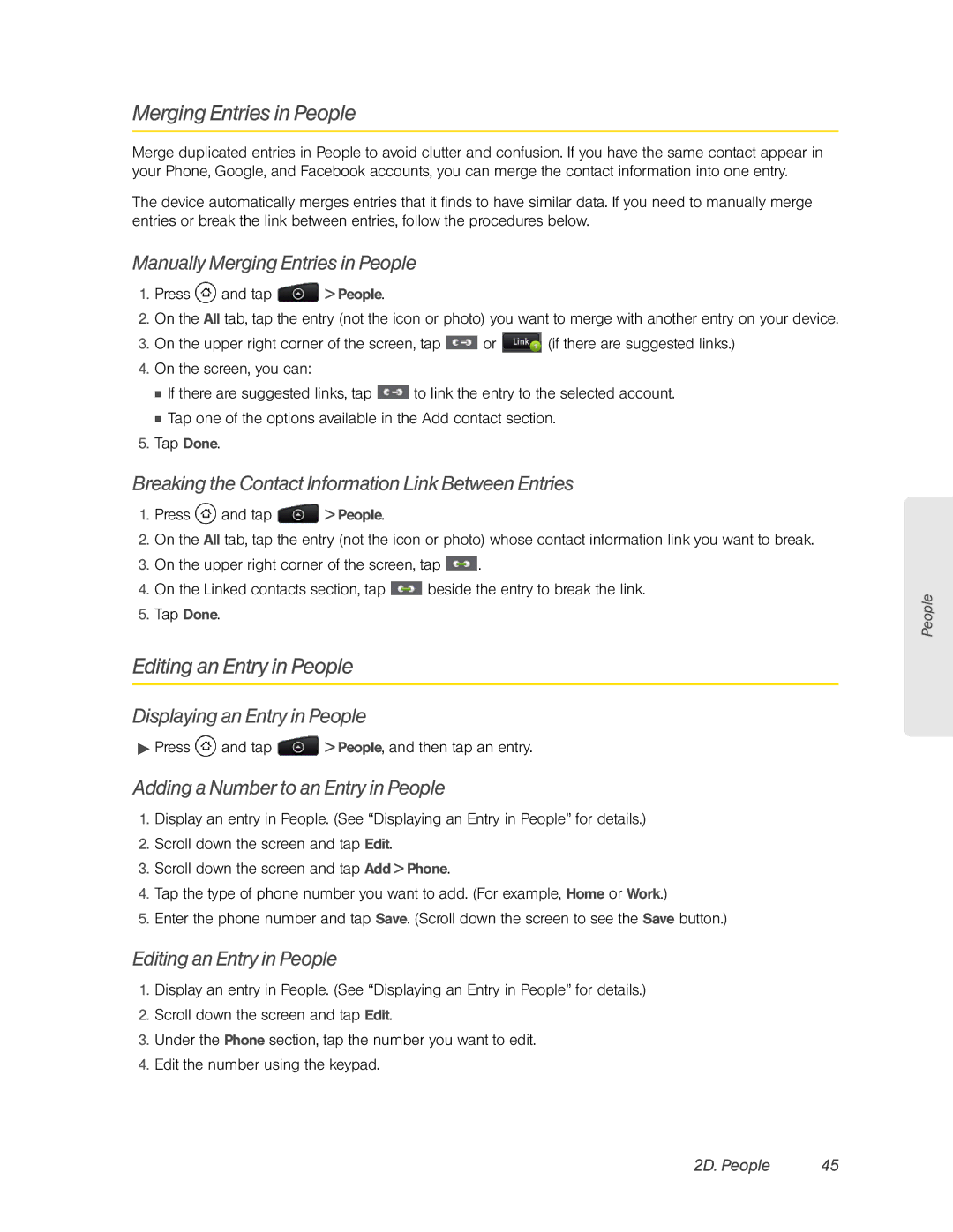 HTC HTC EVO 4G, PC36100 manual Merging Entries in People, Editing an Entry in People 