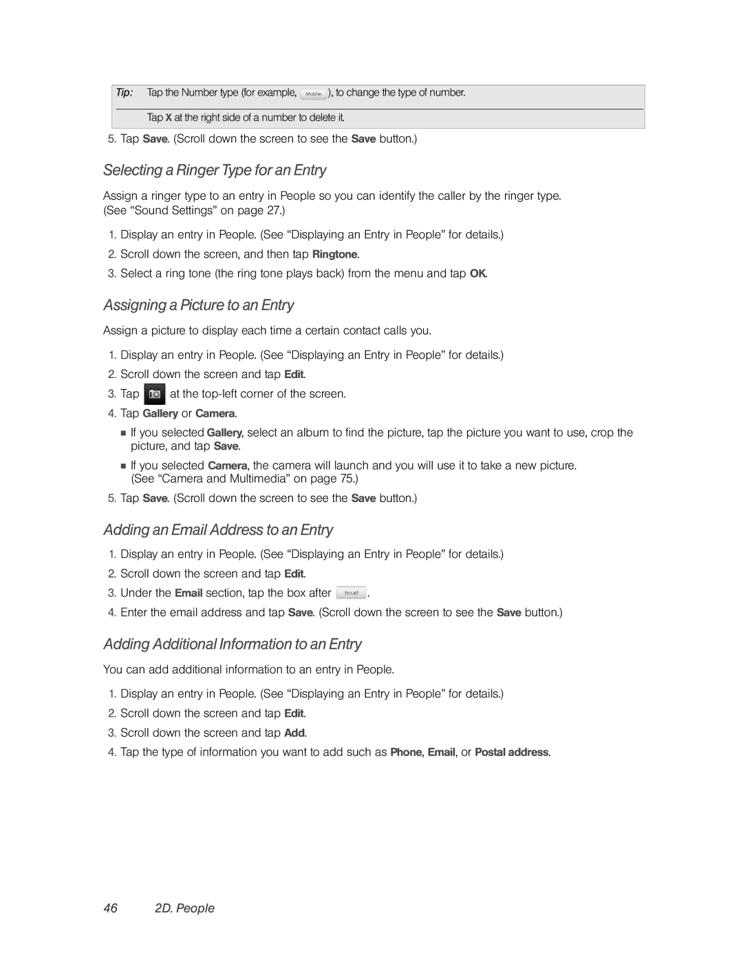 HTC PC36100 Selecting a Ringer Type for an Entry, Assigning a Picture to an Entry, Adding an Email Address to an Entry 