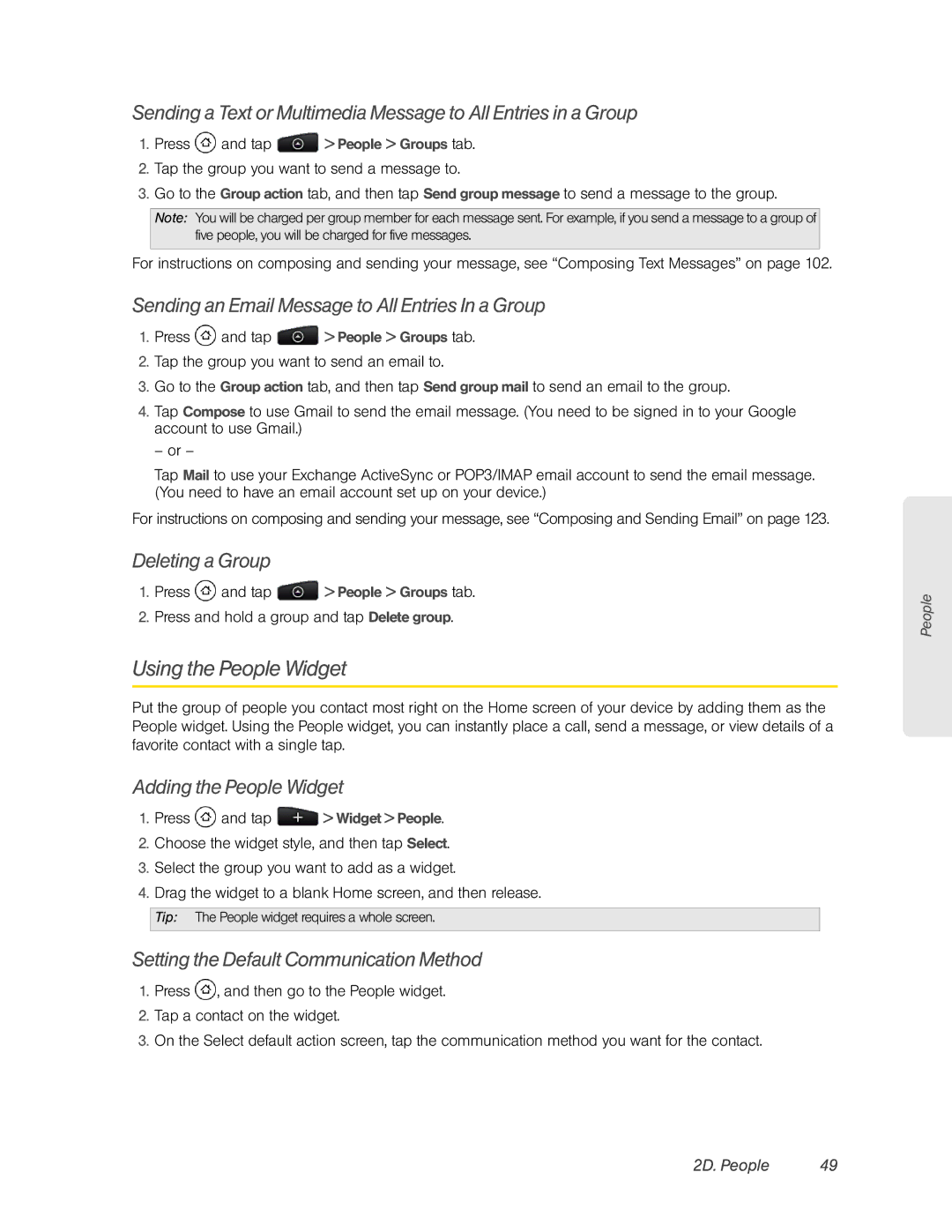 HTC HTC EVO 4G, PC36100 manual Using the People Widget, Sending an Email Message to All Entries In a Group, Deleting a Group 