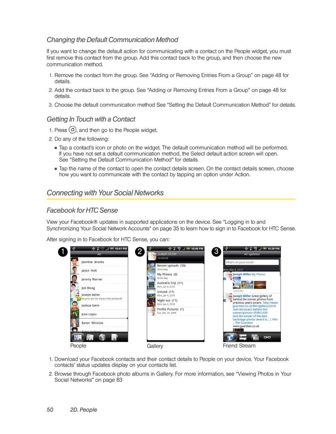 HTC PC36100 manual Connecting with Your Social Networks, Changing the Default Communication Method, Facebook for HTC Sense 