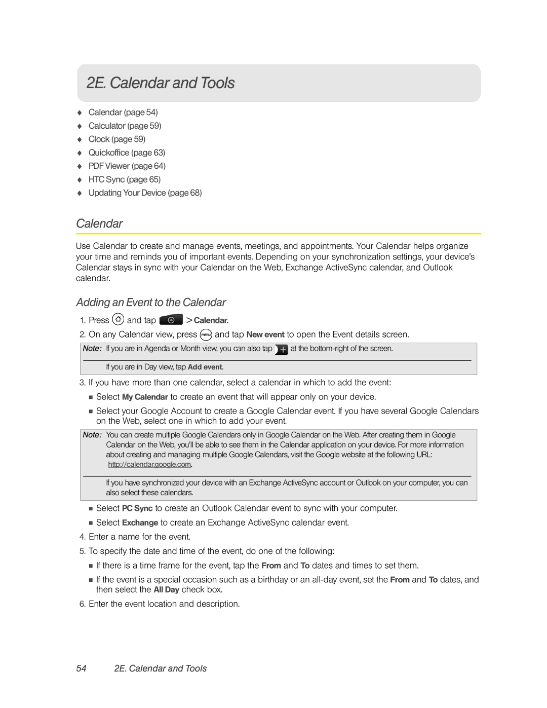 HTC PC36100, HTC EVO 4G manual Adding an Event to the Calendar, 54 2E. Calendar and Tools 