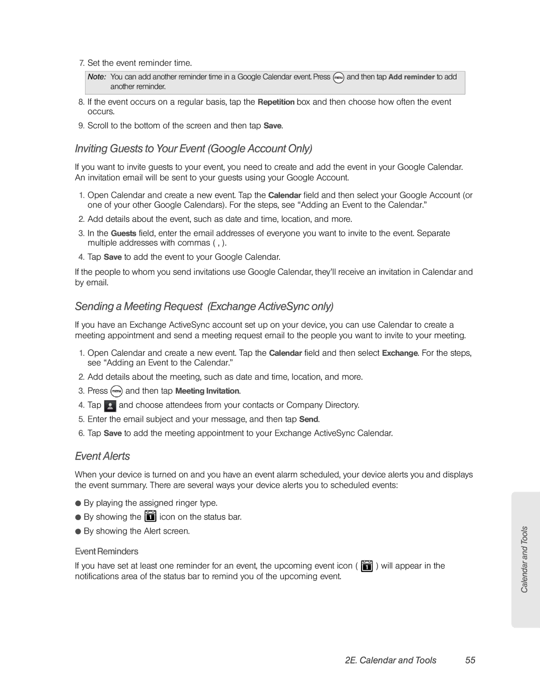 HTC HTC EVO 4G manual Inviting Guests to Your Event Google Account Only, Sending a Meeting Request Exchange ActiveSync only 